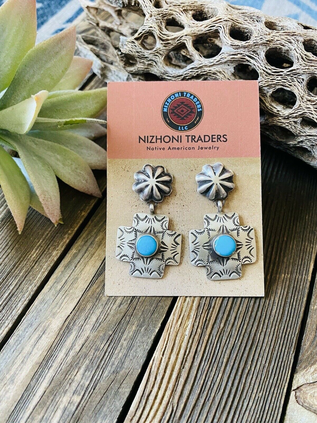 Navajo Turquoise & Sterling Silver Concho Cross Dangle Earrings