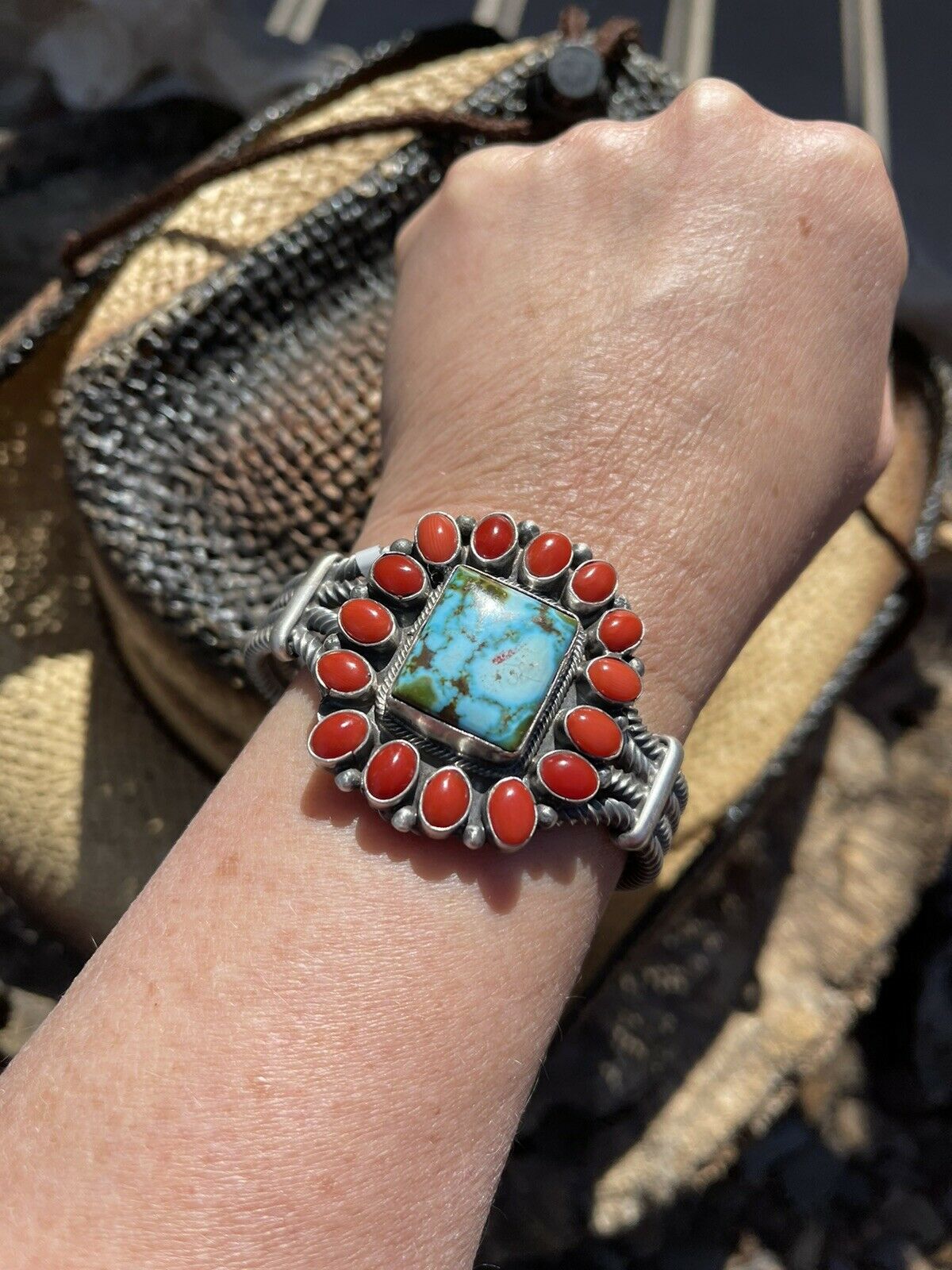 Navajo Sterling Kingman Web Turquoise & Red Coral Taos Bracelet Cuff B. Johnson