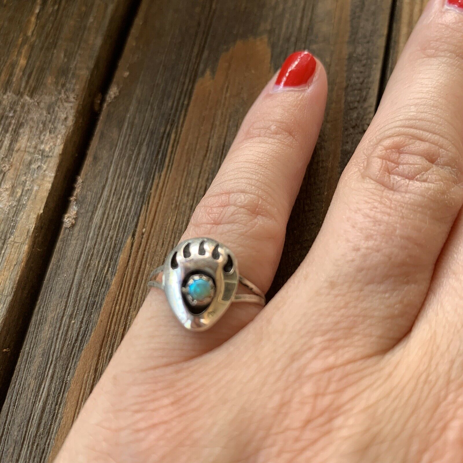 Zuni Sterling Silver & Green Opal Bear Paw Ring