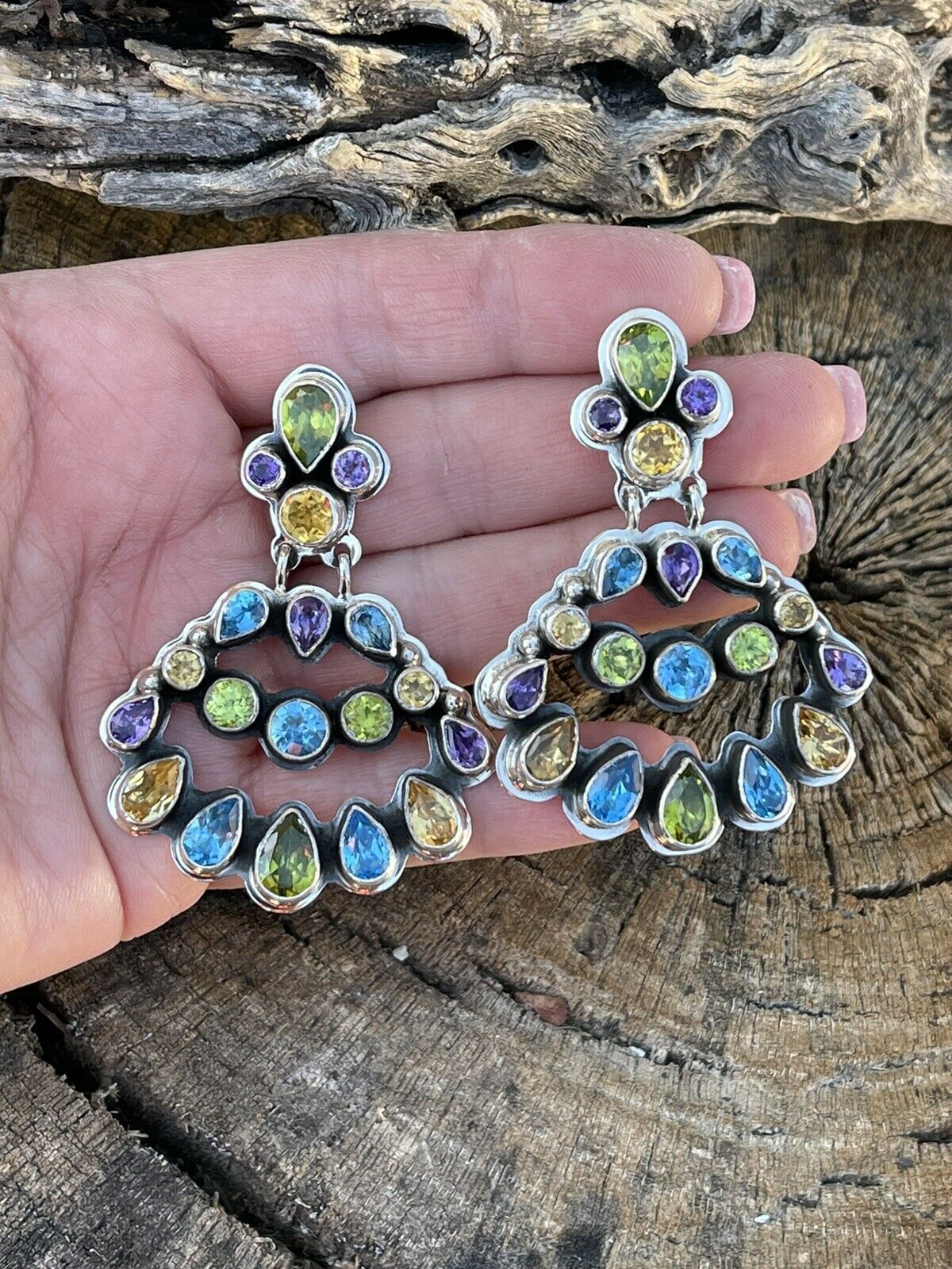 Navajo Sterling Silver & Natural Gem Stone Dangle Earrings