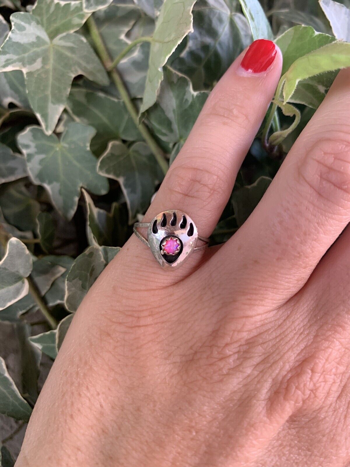 Navajo Sterling Silver Pink Opal Bear Paw Ring