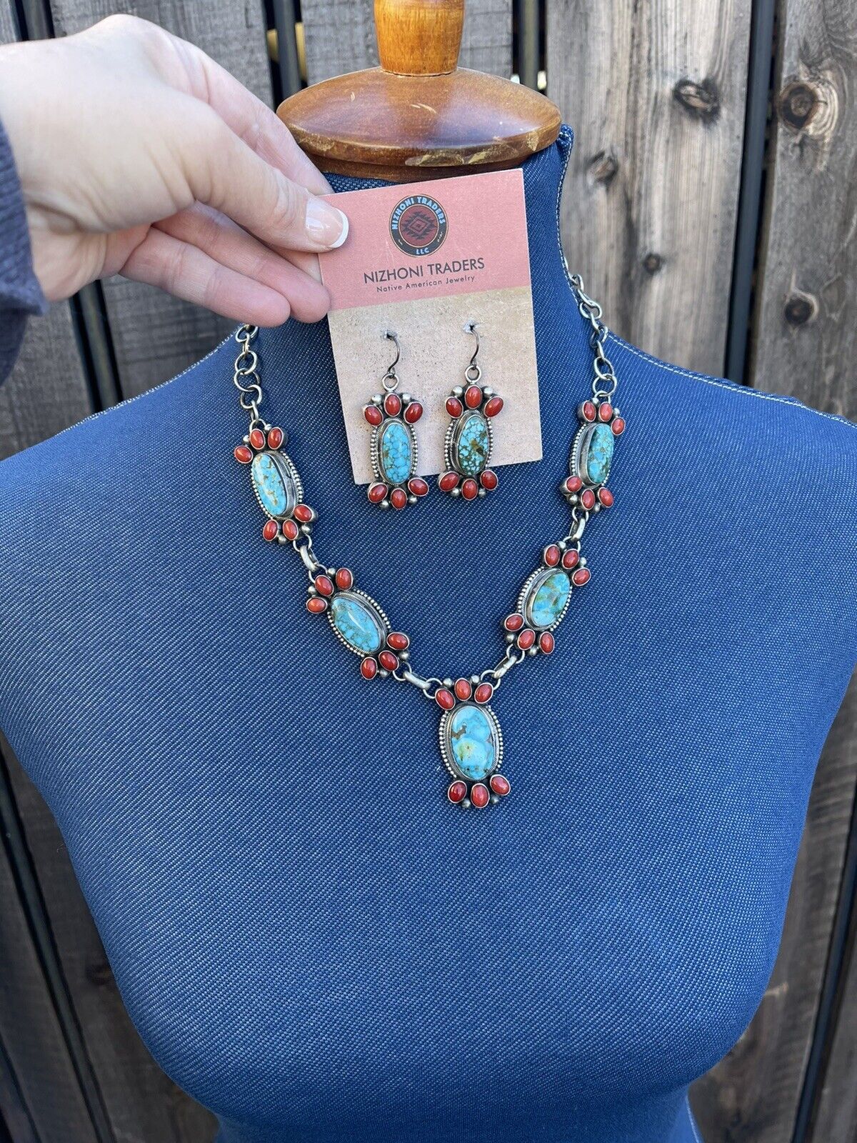 Navajo Sterling Kingman Turquoise Natural Red Coral Necklace Set Taos Collection