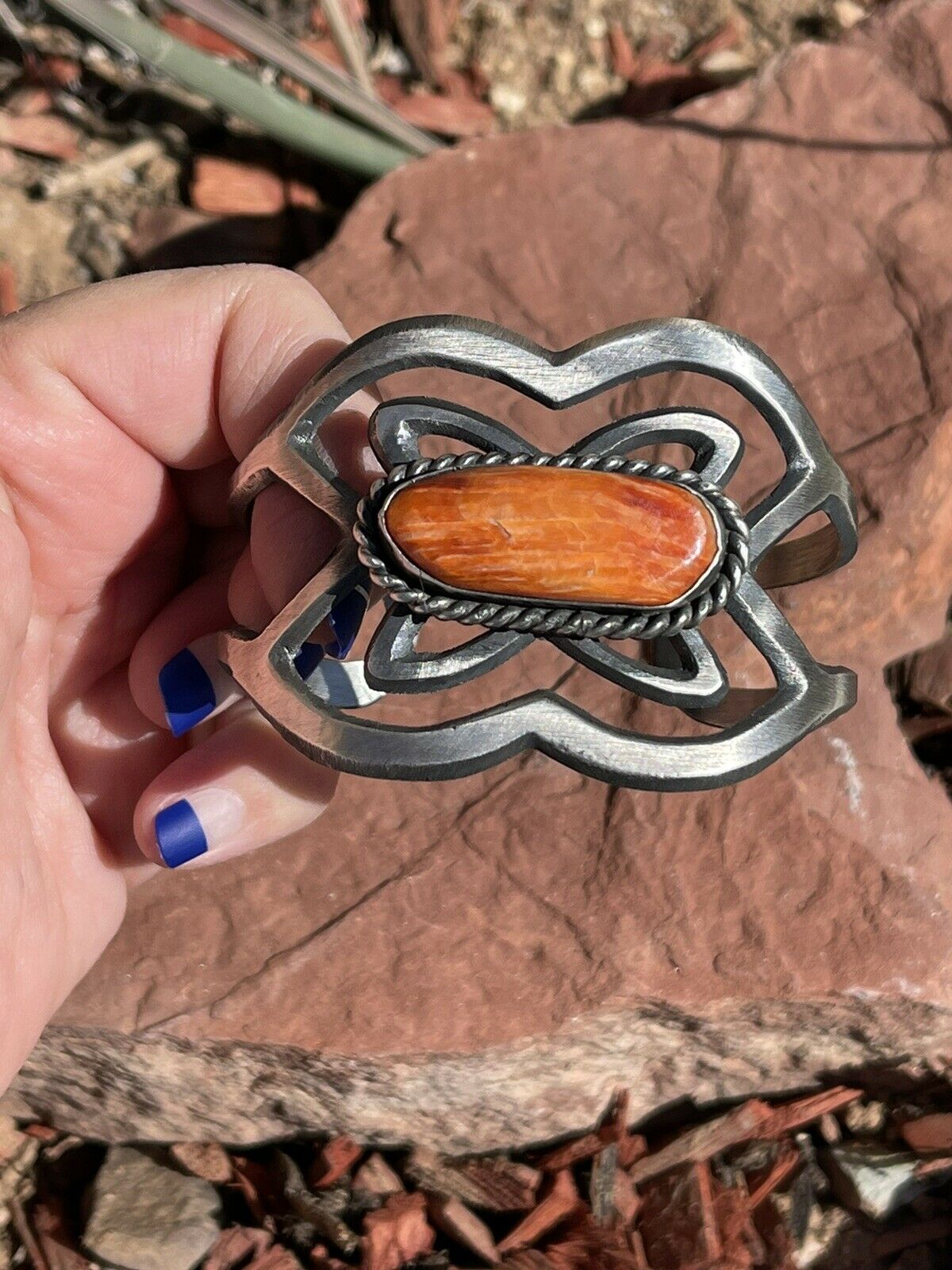 Navajo Orange Spiny & Sterling Silver Cuff Bracelet By Chimney Butte Signed