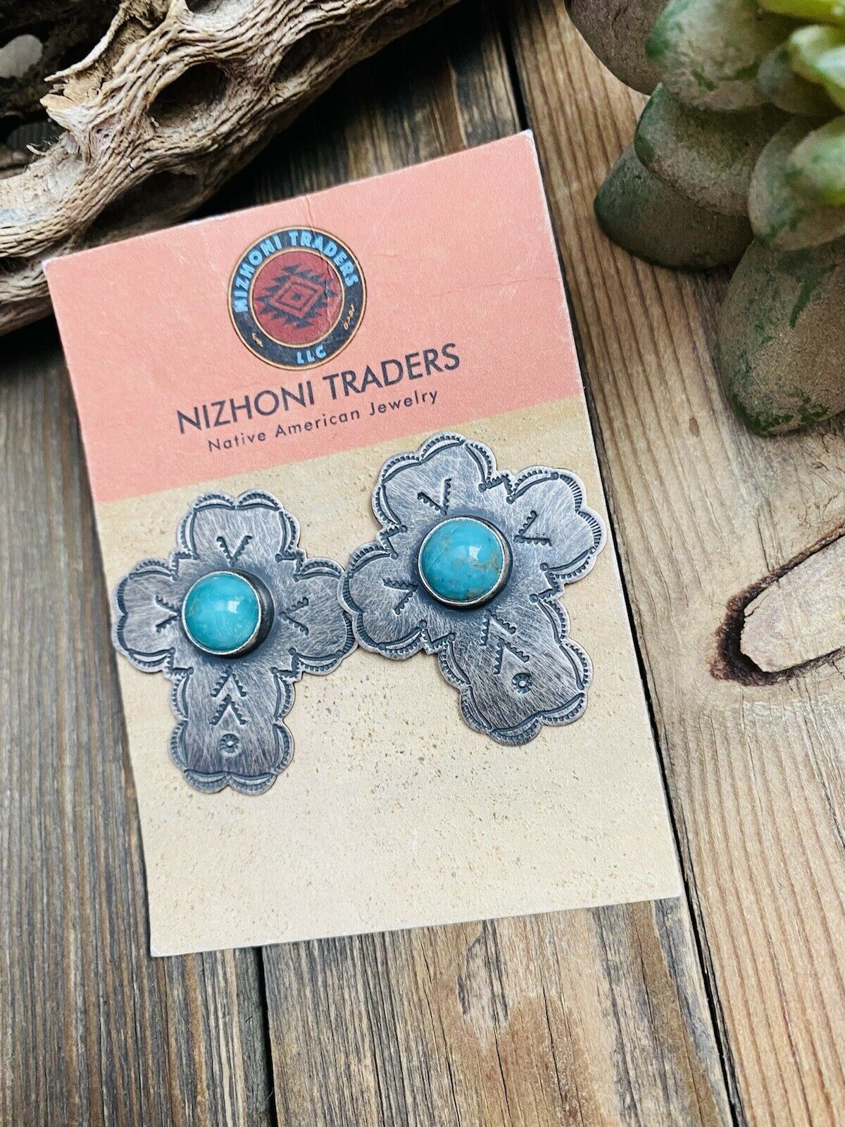 Navajo Turquoise & Sterling Silver Cross Post Earrings Signed