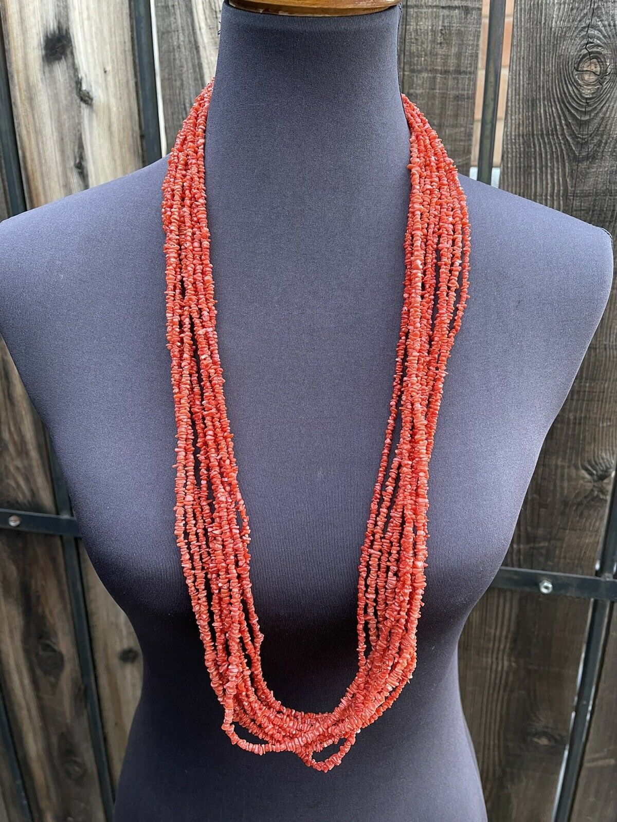 Navajo Sterling Silver Pink Coral 10 Strand Bead Necklack