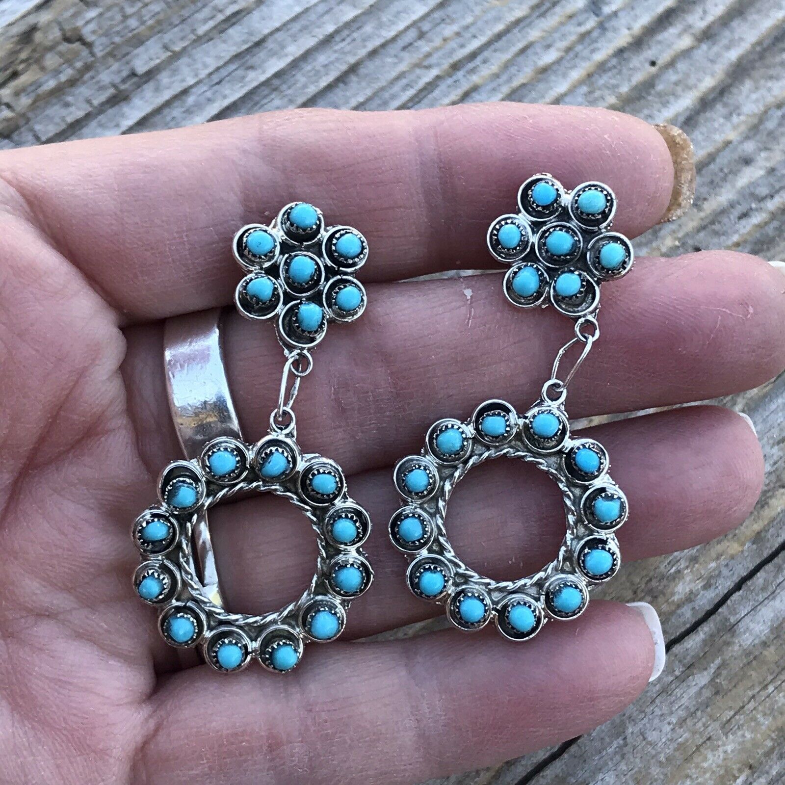 Handcrafted Turquoise Silver Petit Point Dangle Earrings
