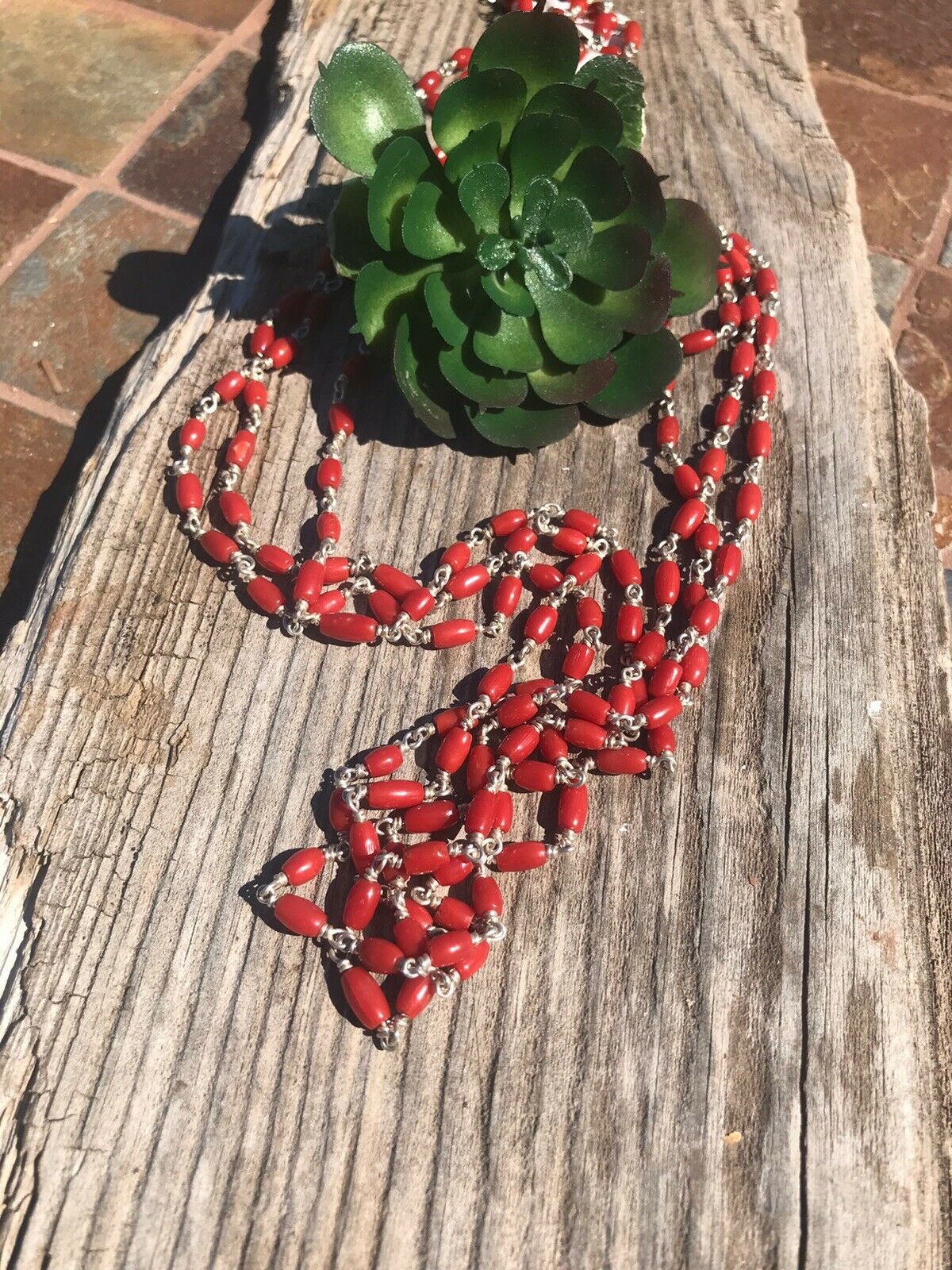 Navajo Sterling Silver & Red Coral Necklace 30 Inches