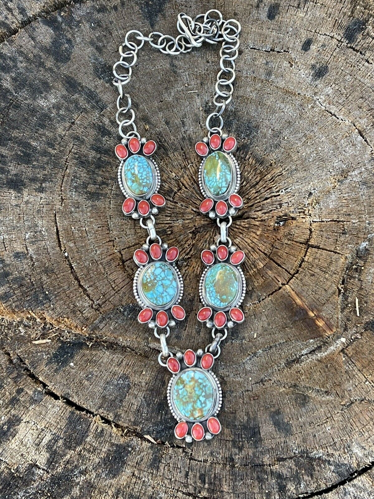 Navajo Sterling Kingman Turquoise Natural Red Coral Necklace Set Taos Collection