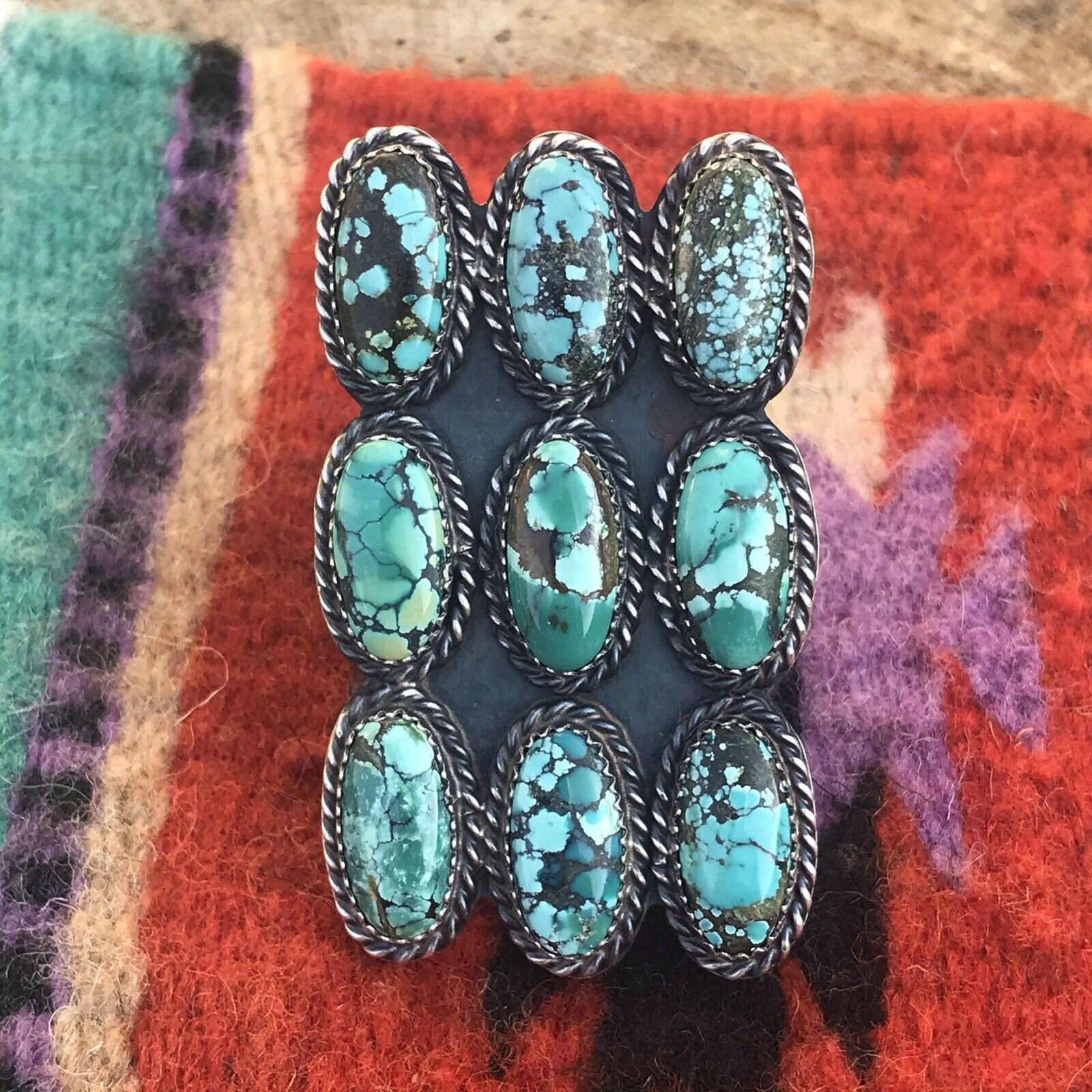 Navajo Tibetan Turquoise Sterling Silver Statement Ring Sz 8.5 Kevin Billah