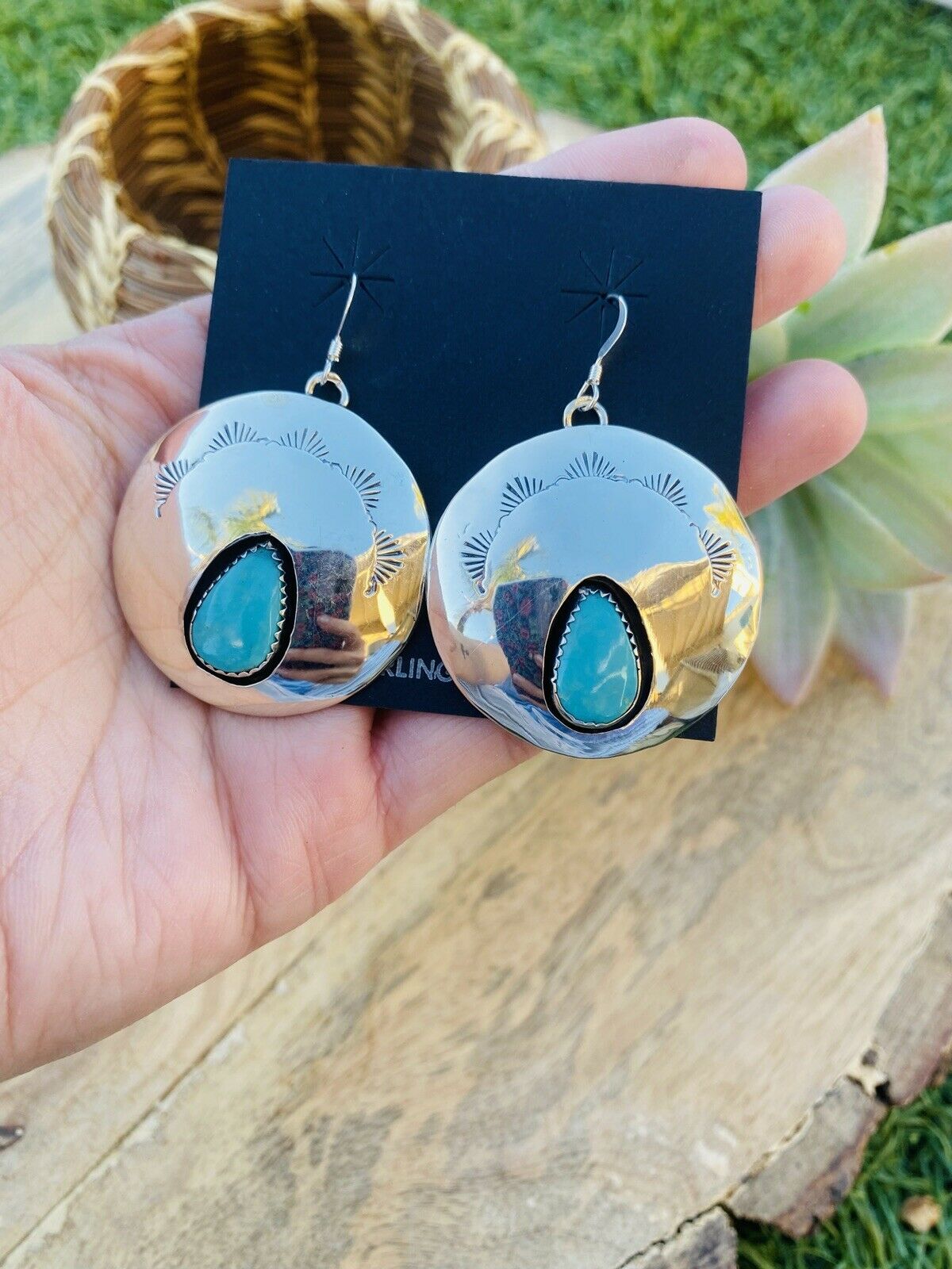 Navajo Sterling Silver & Turquoise Circle Dangle Earrings Signed