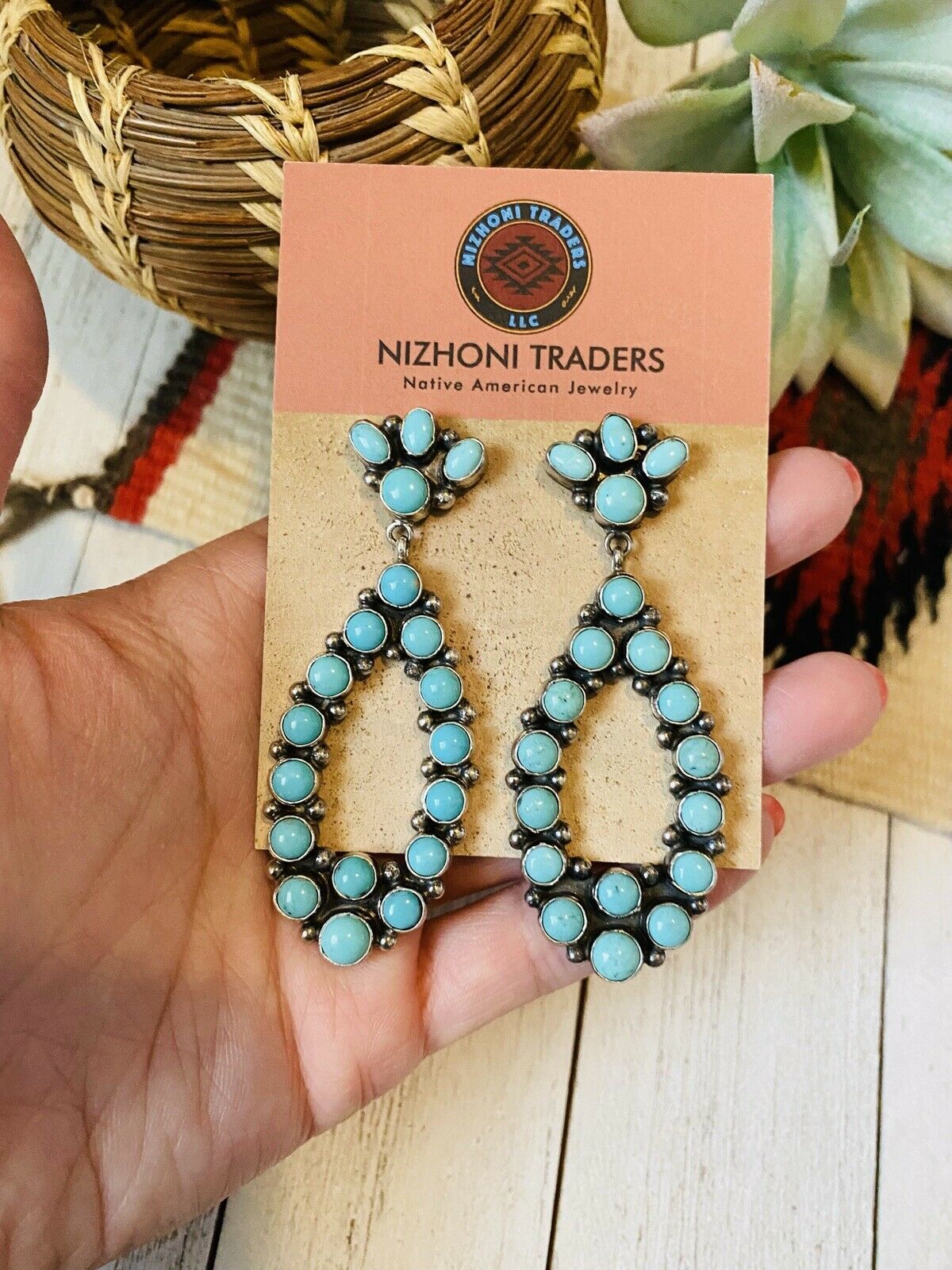 Navajo Carico Lake Turquoise & Sterling Silver Cluster Dangle Earrings Signed