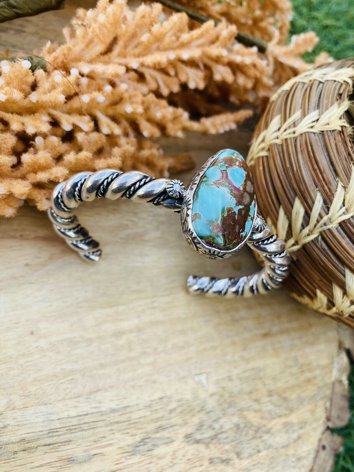 Navajo Hand Stamped Sterling Silver & Royston Turquoise Cuff Bracelet