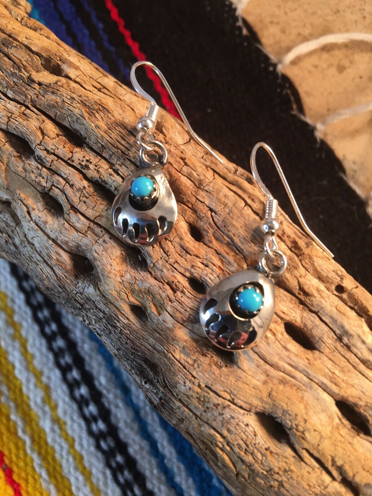 Navajo Sterling Silver And Turquoise Bear Paw Dangle Earrings