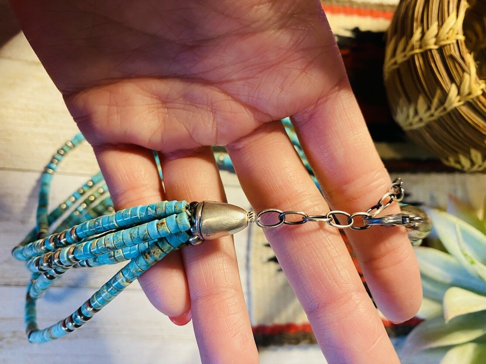 Navajo Turquoise & Sterling Silver Beaded 5 Strand Beaded Necklace