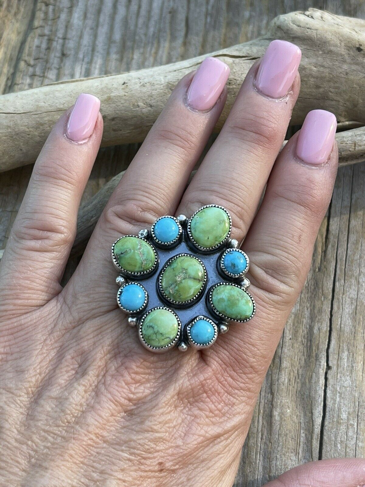 Navajo Sterling Sonoran Gold And Golden Hills Turquoise Cluster Ring Size 7