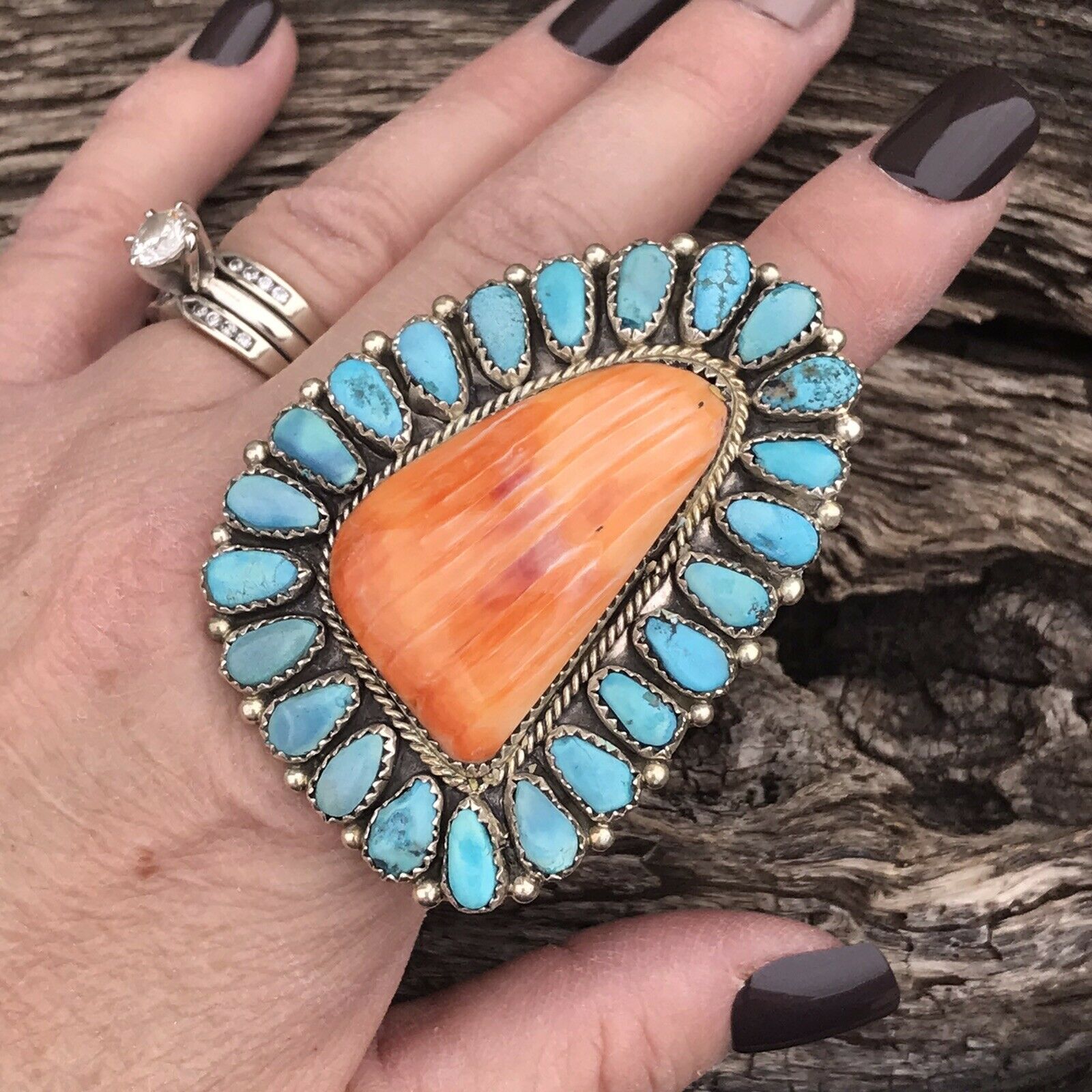 Navajo Sterling Silver, Turquoise & Orange Spiny Oyster Ring Sz 8