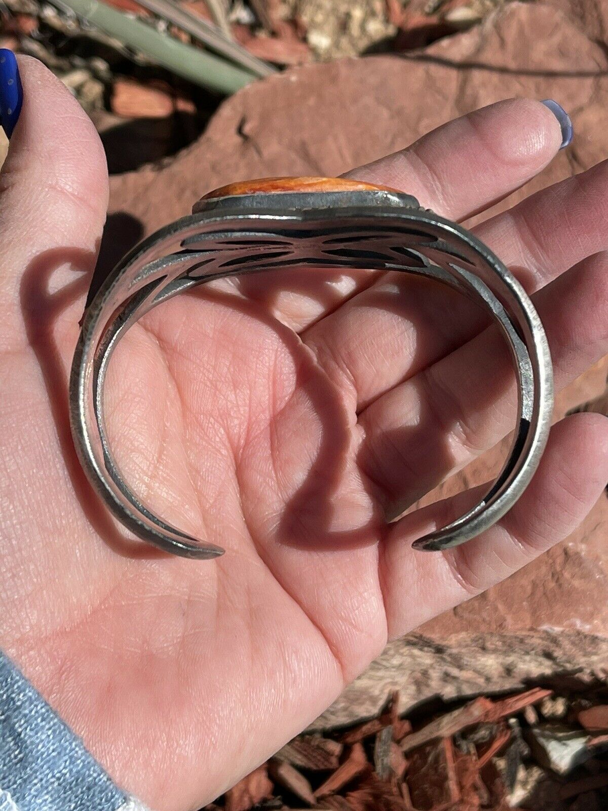 Navajo Orange Spiny & Sterling Silver Cuff Bracelet By Chimney Butte Signed