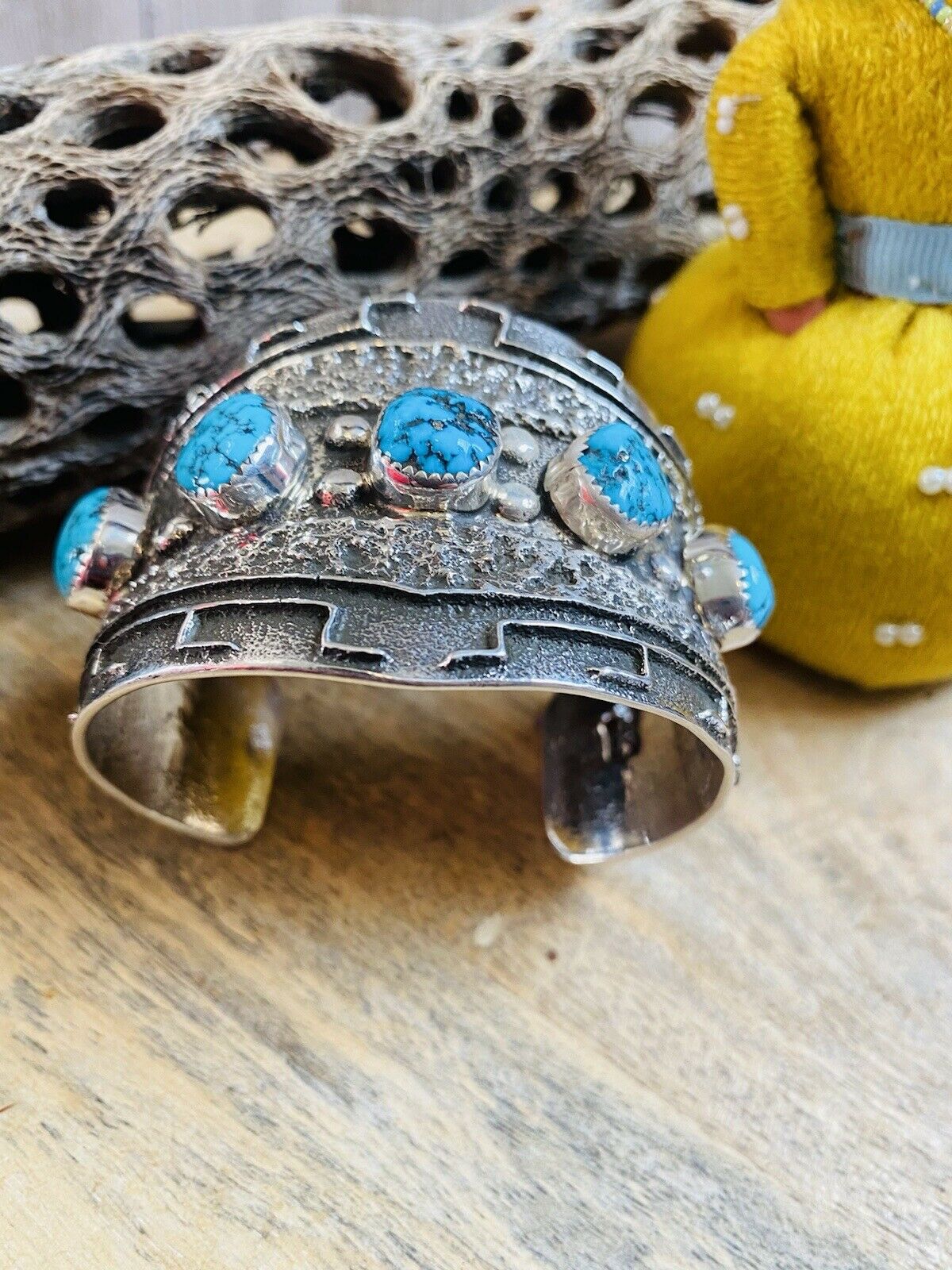 Navajo Kingman Turquoise & Hand Stamped Sterling Silver Cuff Bracelet