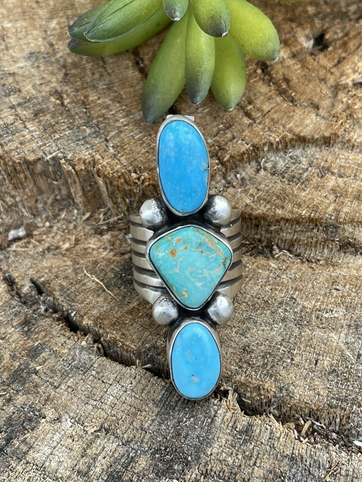 Navajo Sterling Silver Golden Hills & Sonoran Gold Turquoise 3 Stone Ring Sz 7.5