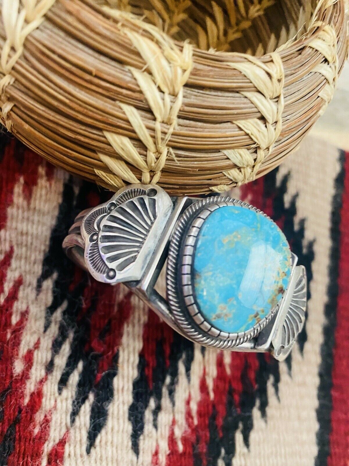 Vintage Navajo Turquoise & Sterling Silver Cuff Bracelet Signed