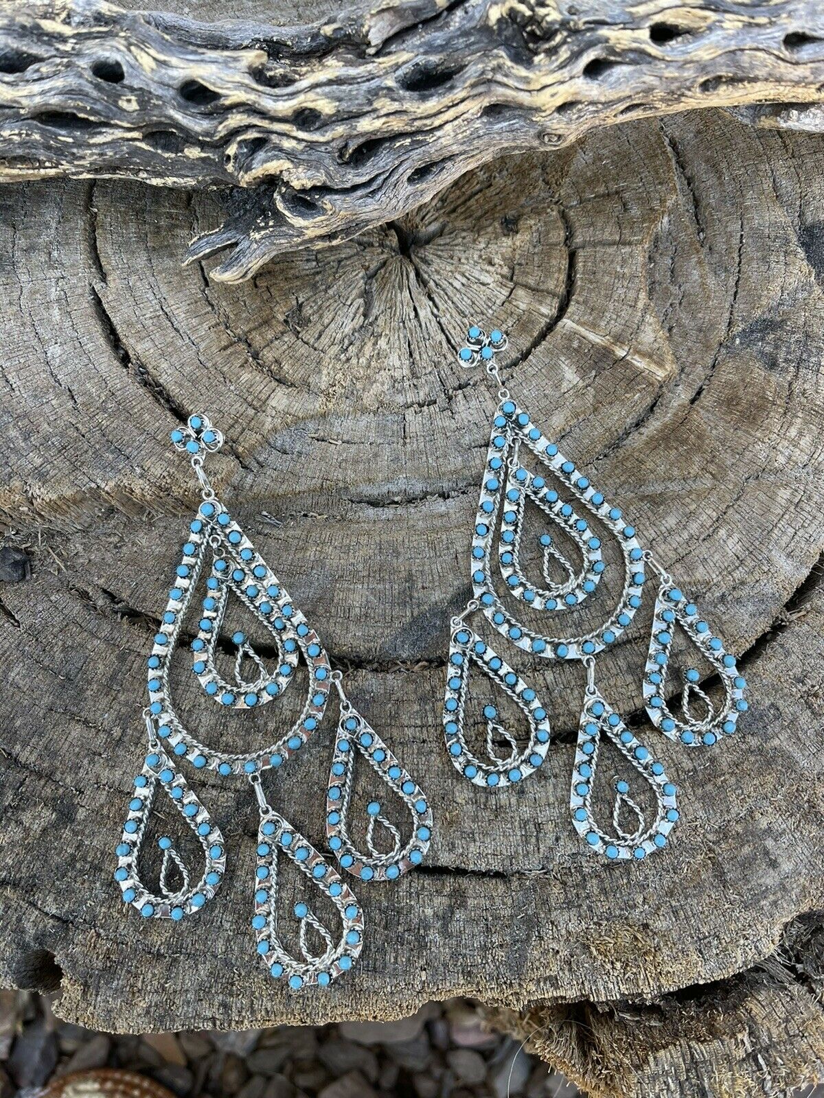 Zuni Sterling Silver & Snake Eye Chandelier Turquoise Dangle Earrings