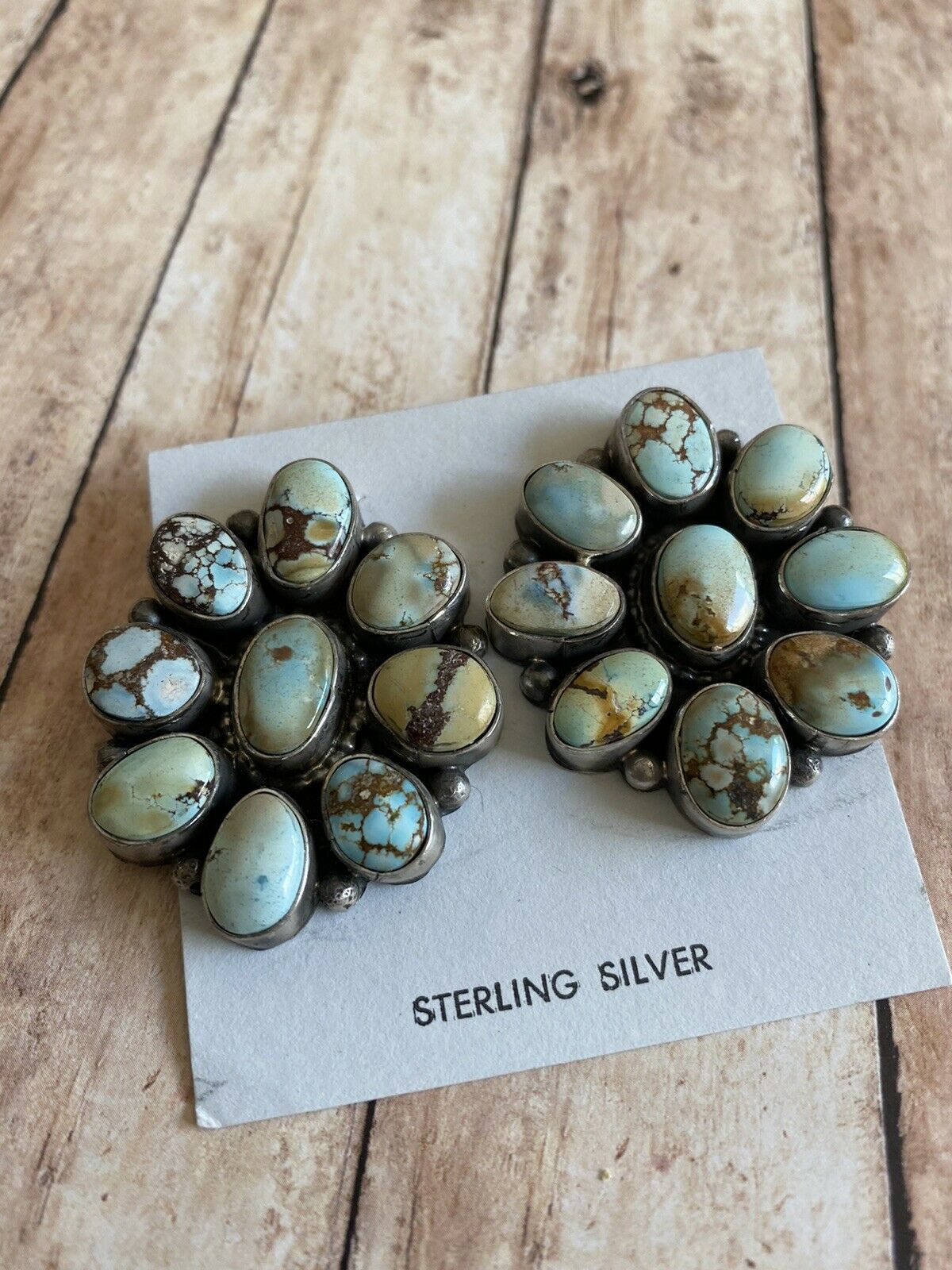 Navajo Sterling Silver & Golden Hills Turquoise  Cluster Post Earrings Signed