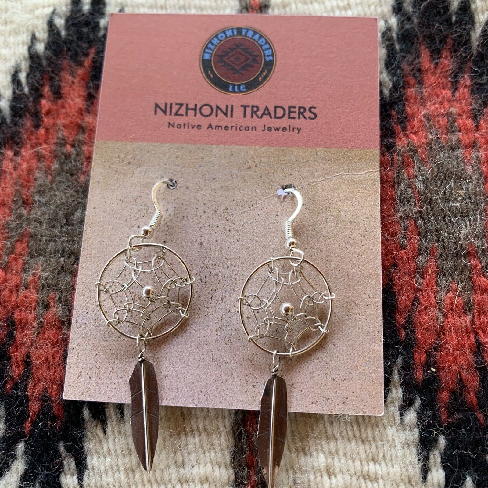 Navajo Sterling Silver Dream Catcher, Feather Dangle Earrings.