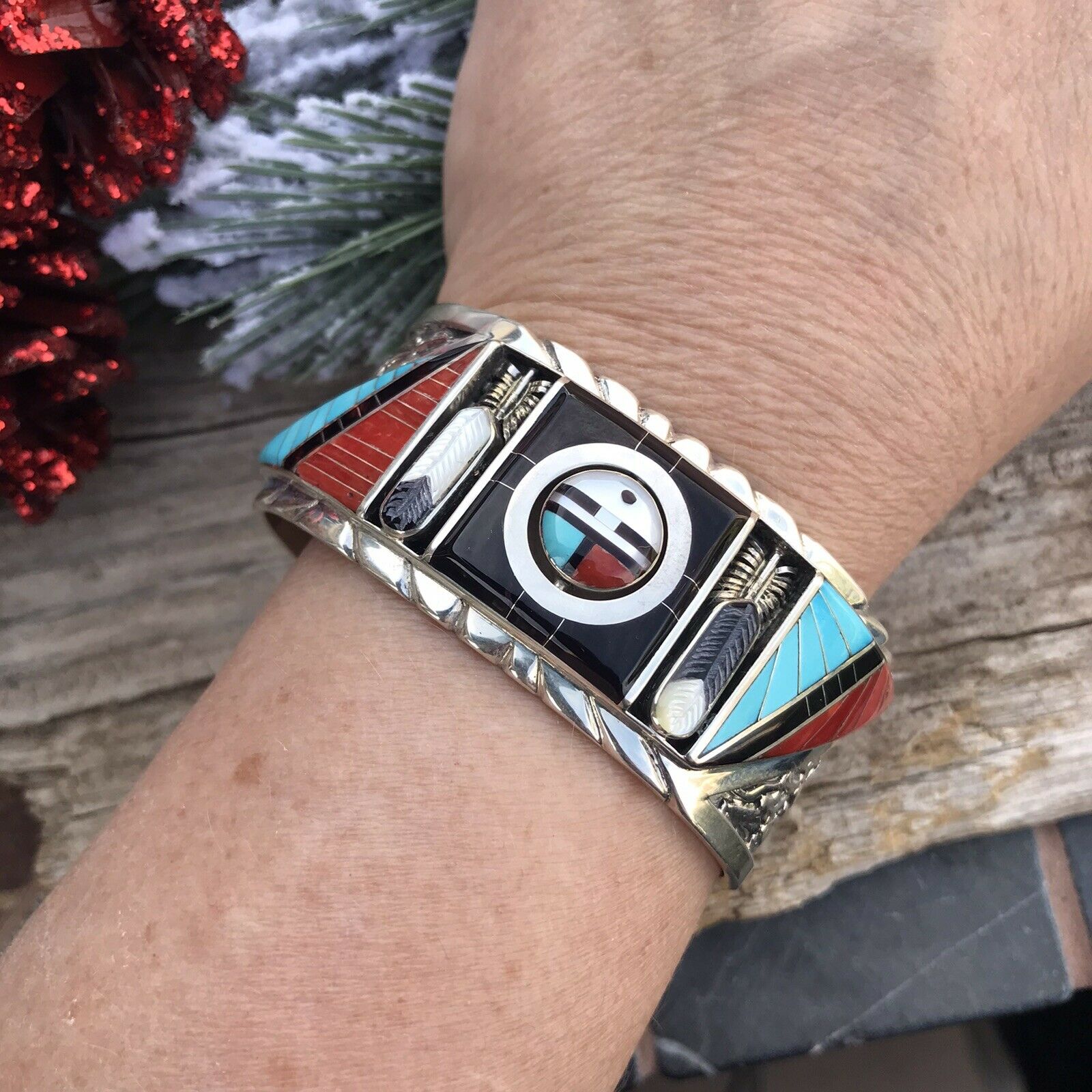 Don Dewa Zuni Sterling Silver Multi-stone SunFace Changer Bracelet Cuff