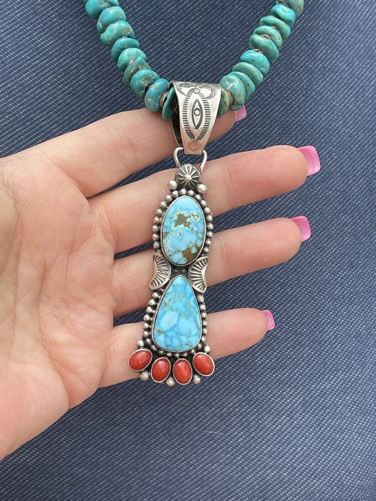 Navajo Sterling Kingman Web Turquoise & Red Coral Taos Pendant Danny Clark