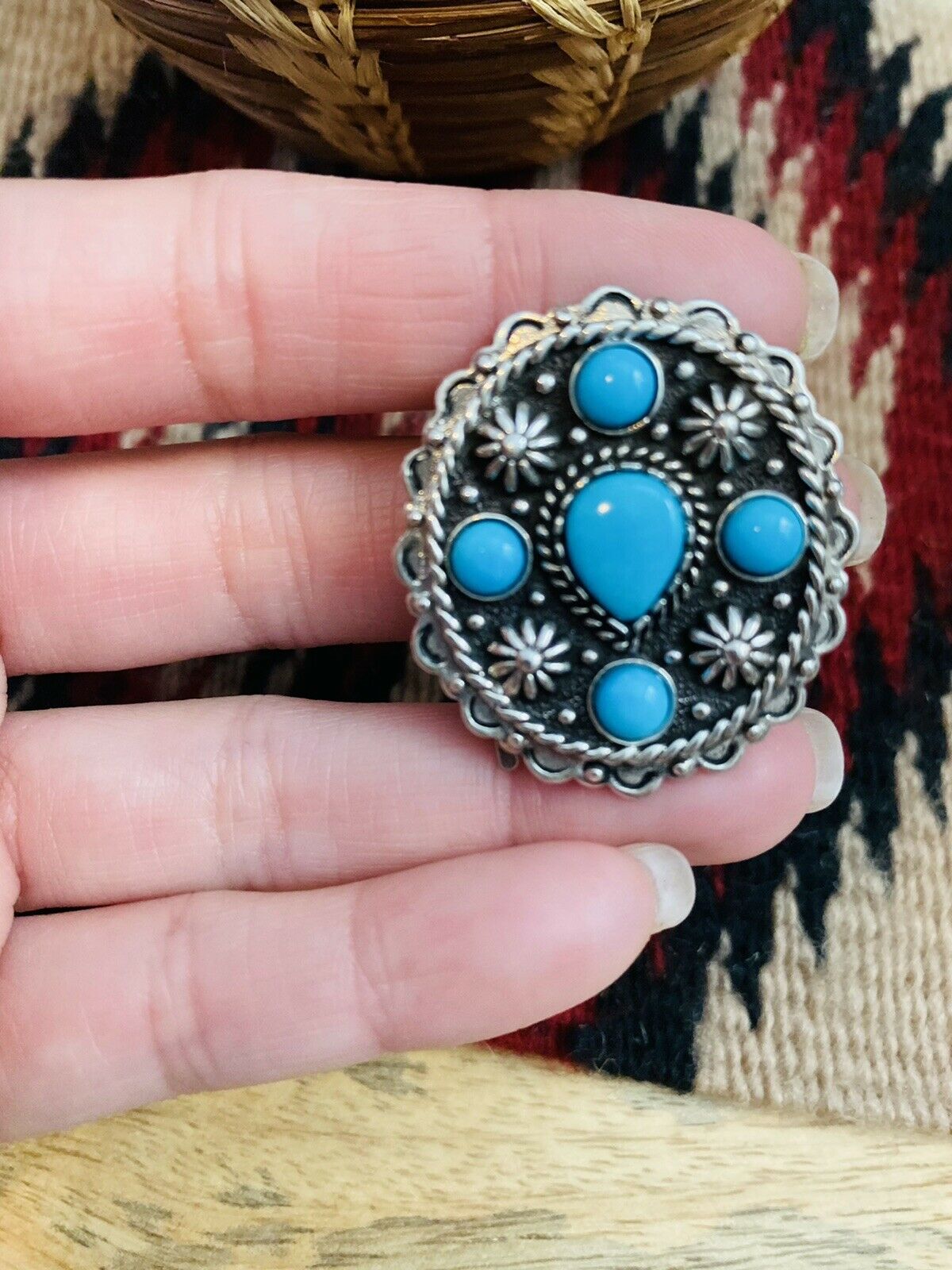 Vintage Navajo Turquoise & Hand Stamped Sterling Silver Ponytail Hook