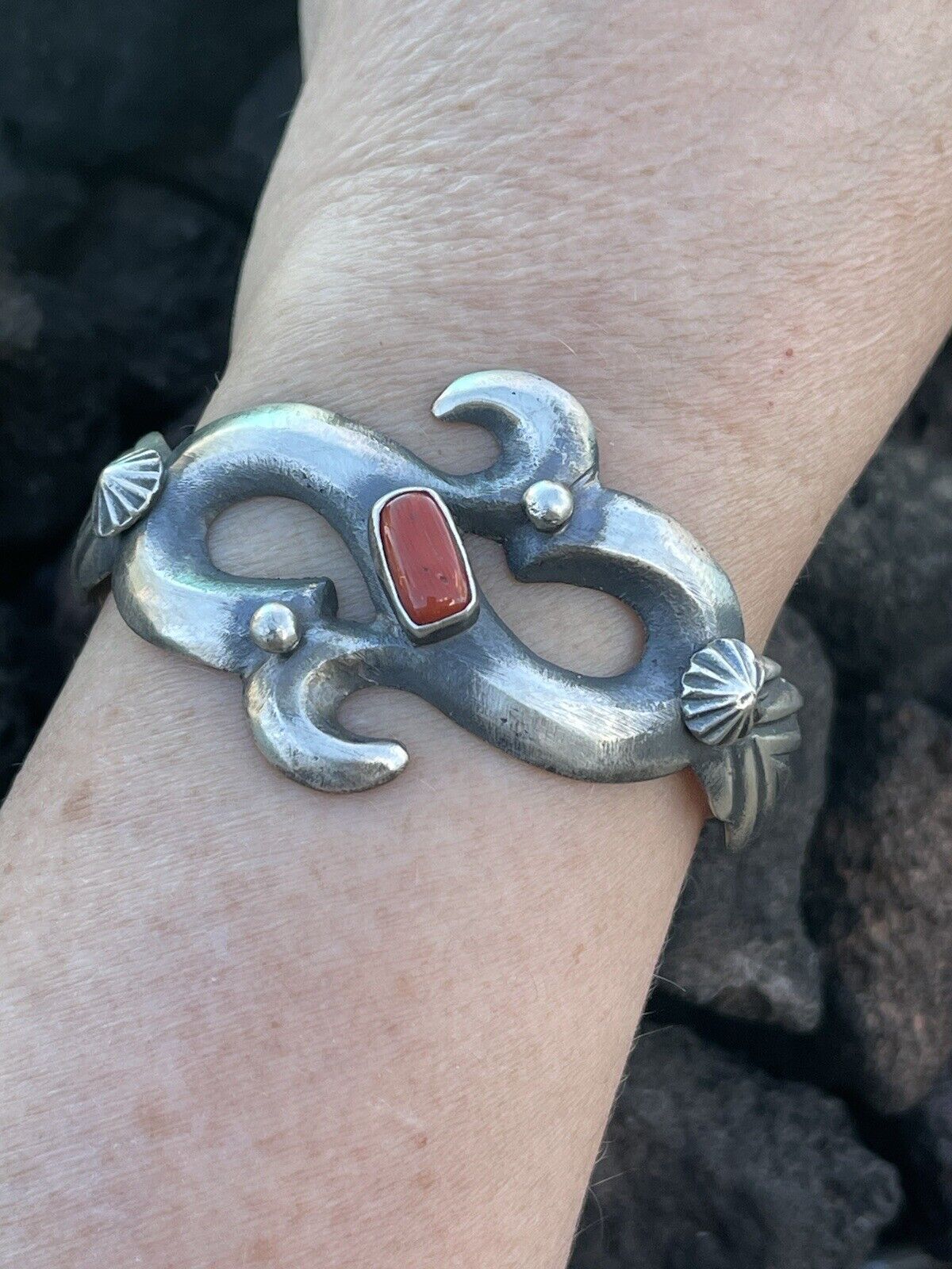 Navajo Natural Red Coral Sterling Silver Cuff By Artist Chimney Butte