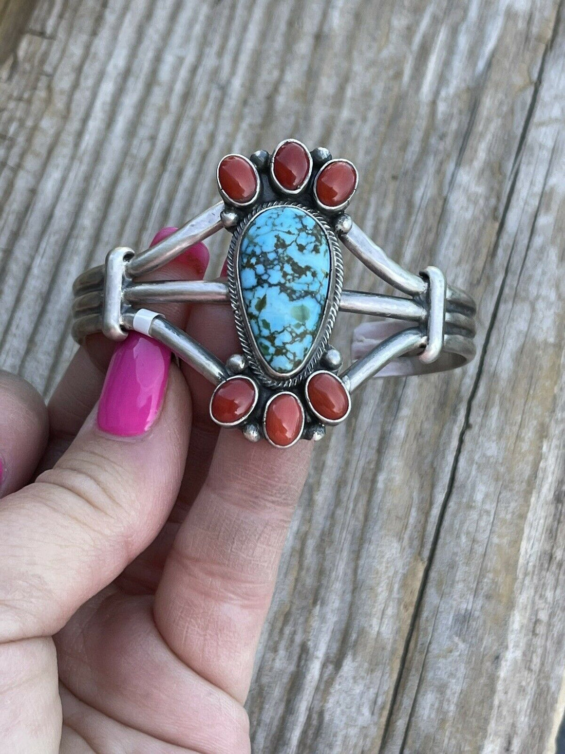 Navajo Sterling Kingman Web Turquoise & Red Coral Taos Bracelet Cuff by Bobby Johnson /