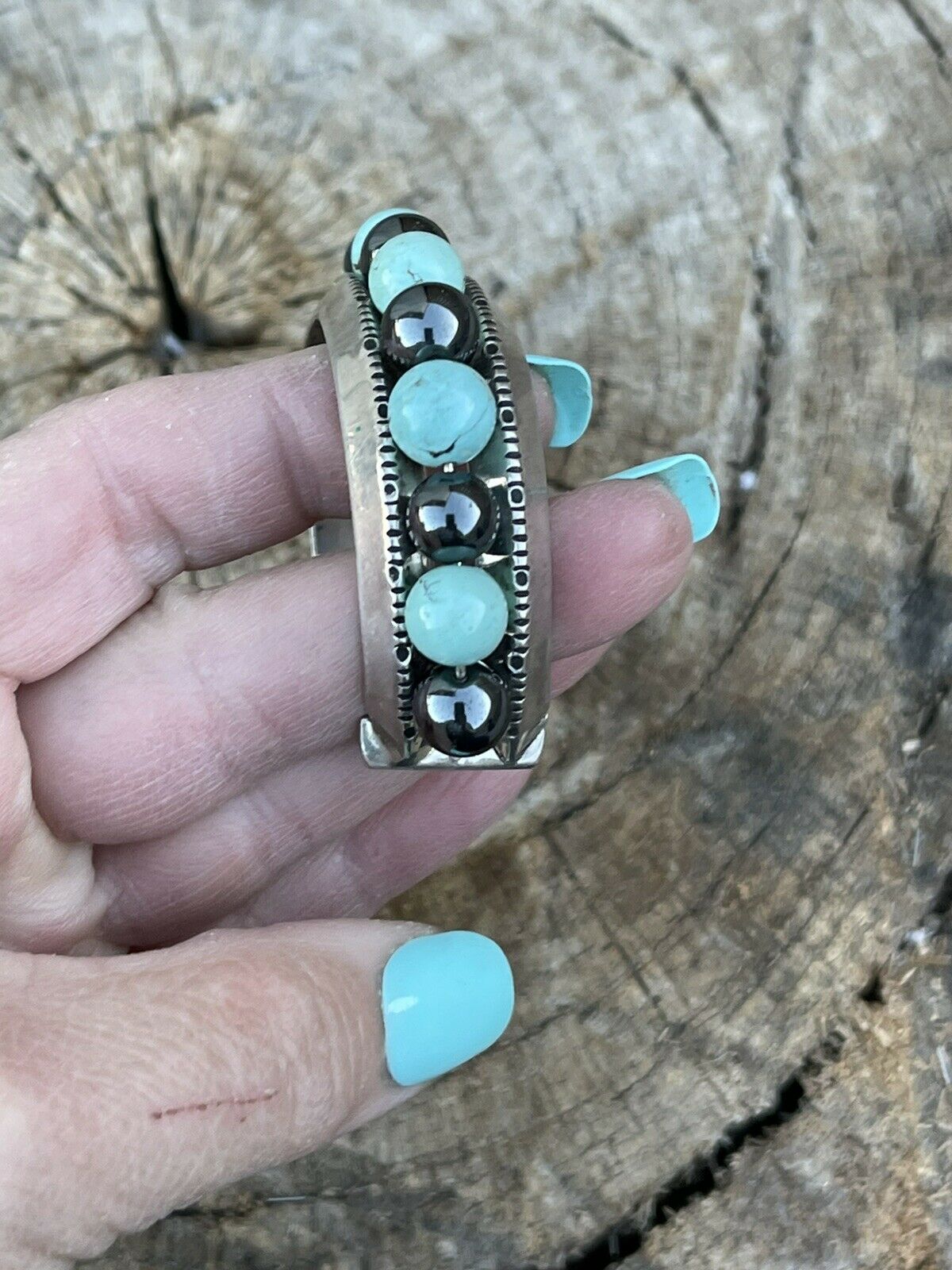 Vintage Navajo Fox Turquoise & Marcasite Bead Bracelet Cuff