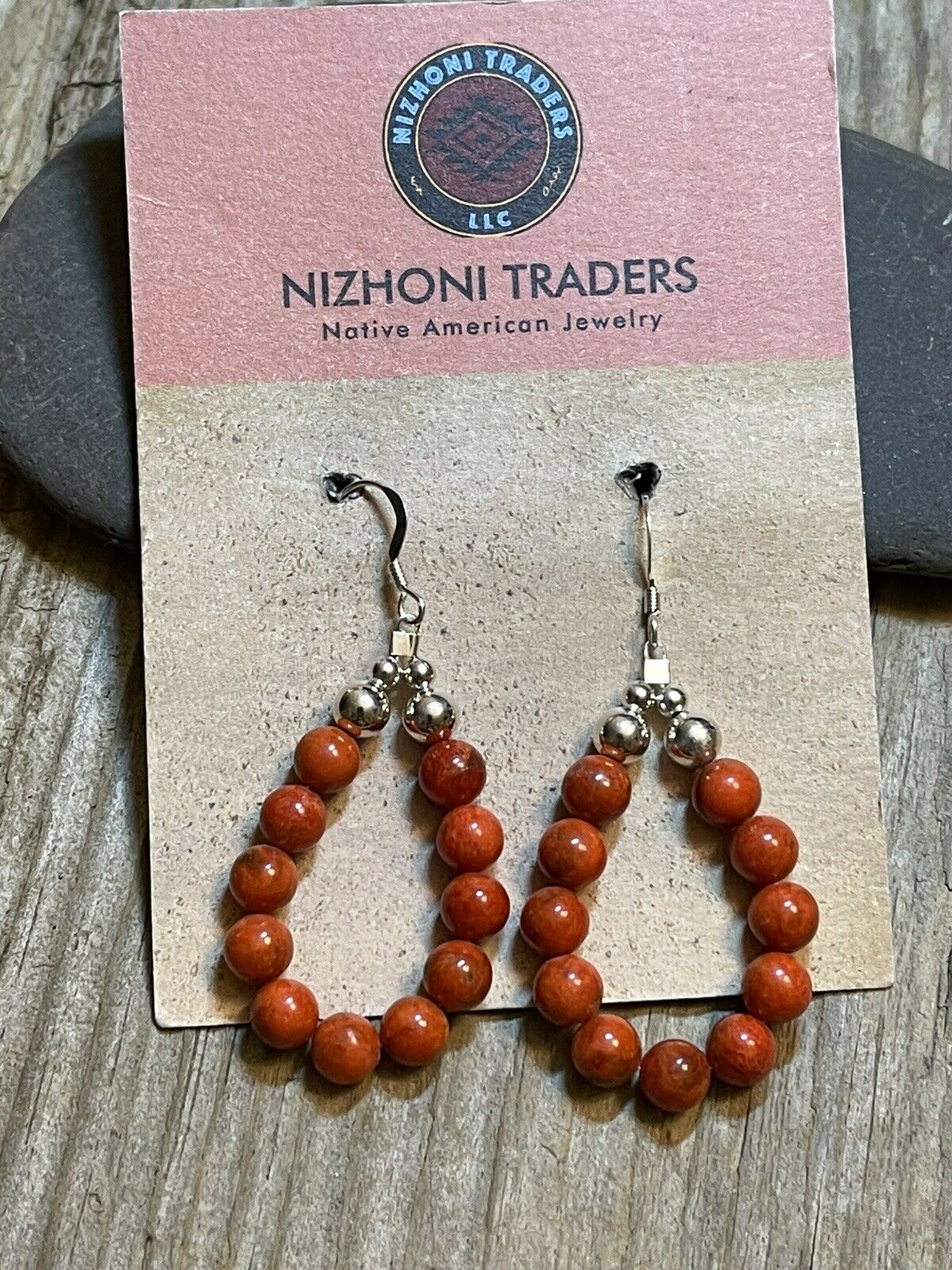 Navajo Sterling Silver Apple Coral 11 Beaded Dangle Earrings