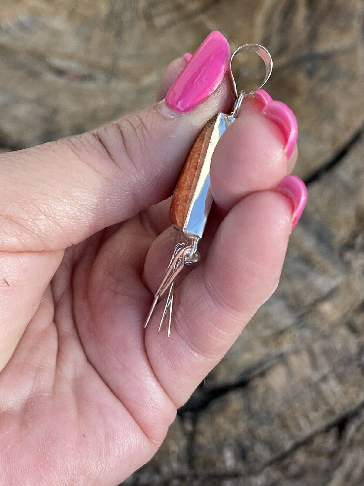 Navajo Sterling Silver Orange Spiny TrIangle Fringe Pendant Signed