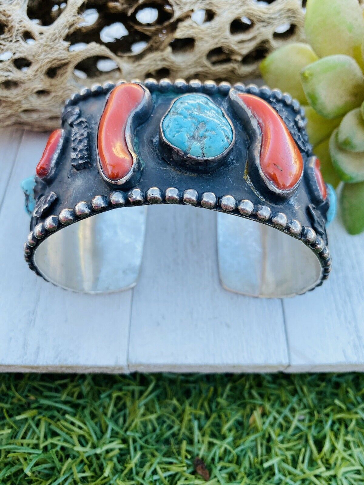 Vintage Navajo Turquoise, Coral & Sterling Silver Cuff Bracelet