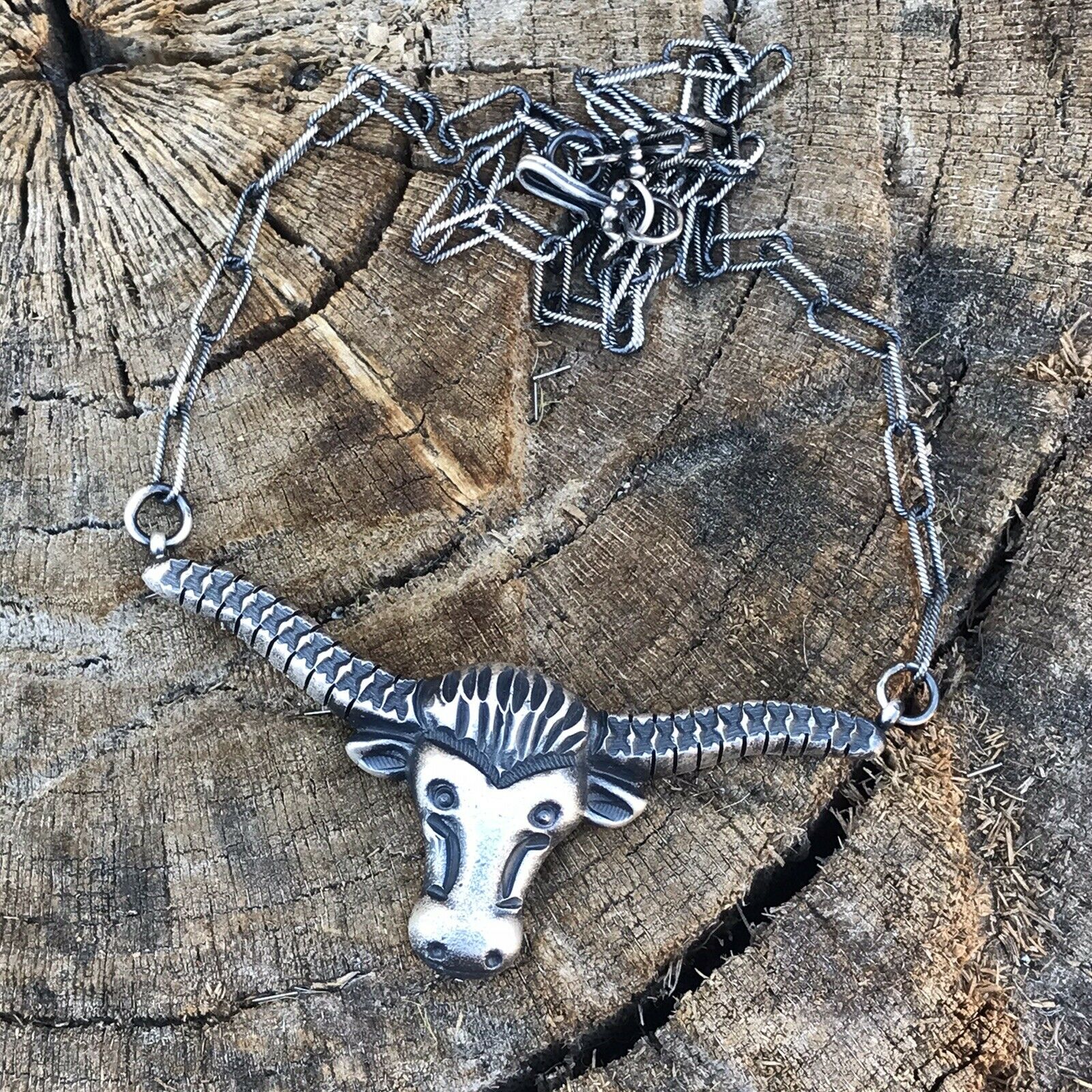 Navajo Sterling Silver Longhorn Statement Necklace By Artist Kevin Billah