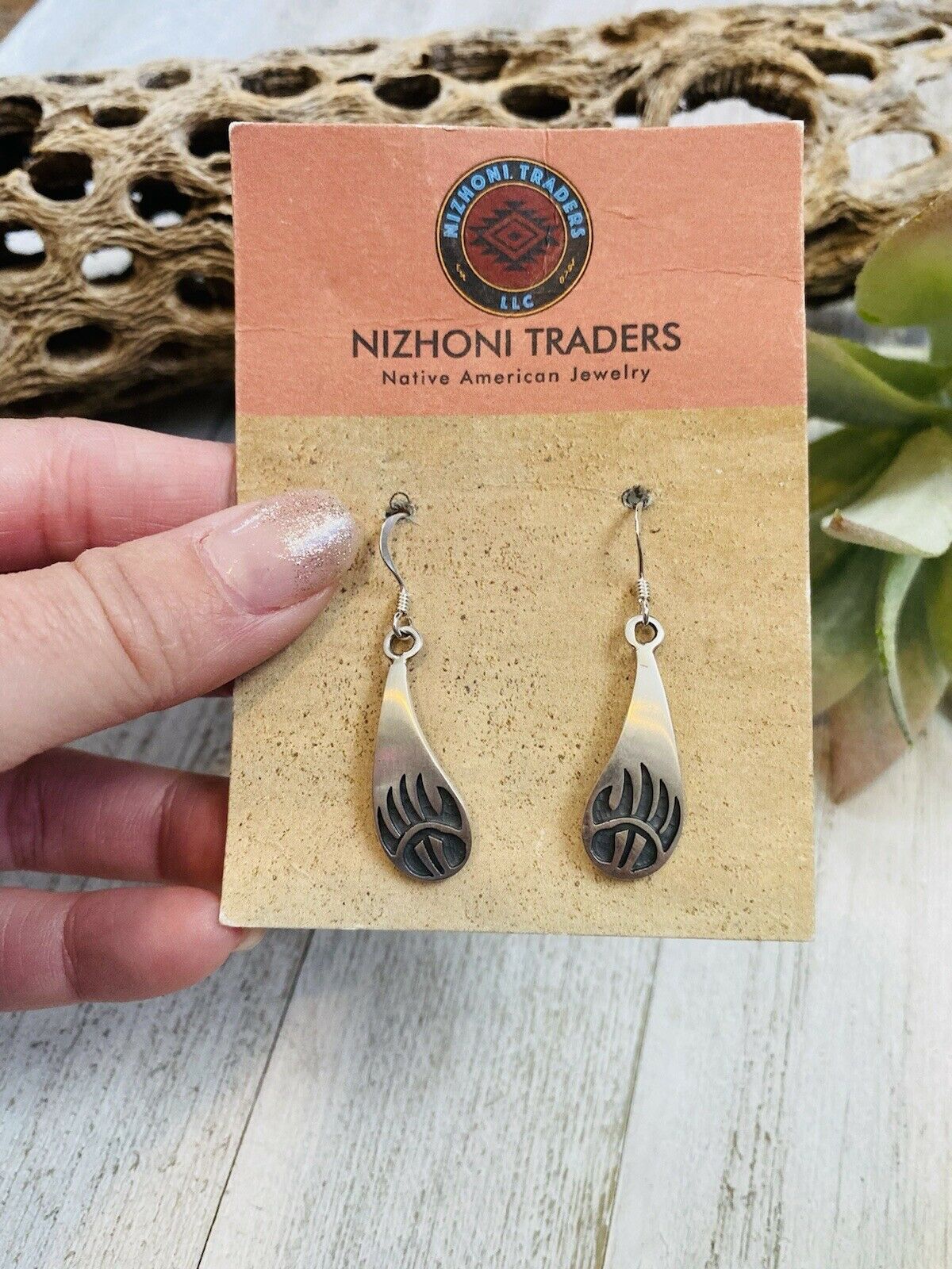 Hopi Sterling Silver Bear Paw Dangle Earrings