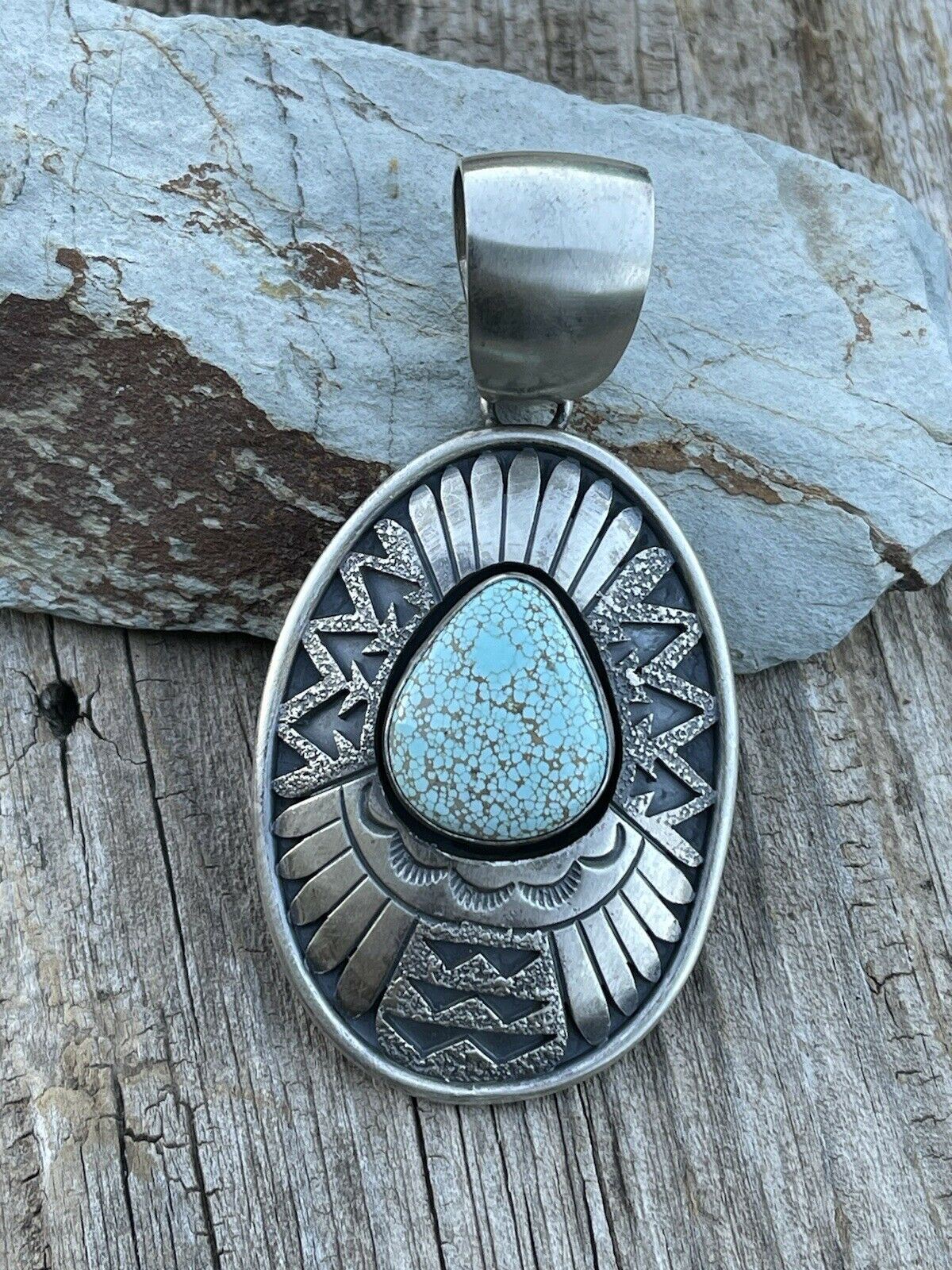 Navajo Dry Creek Turquoise Stone & Sand Cast Sterling Silver Pendant Signed