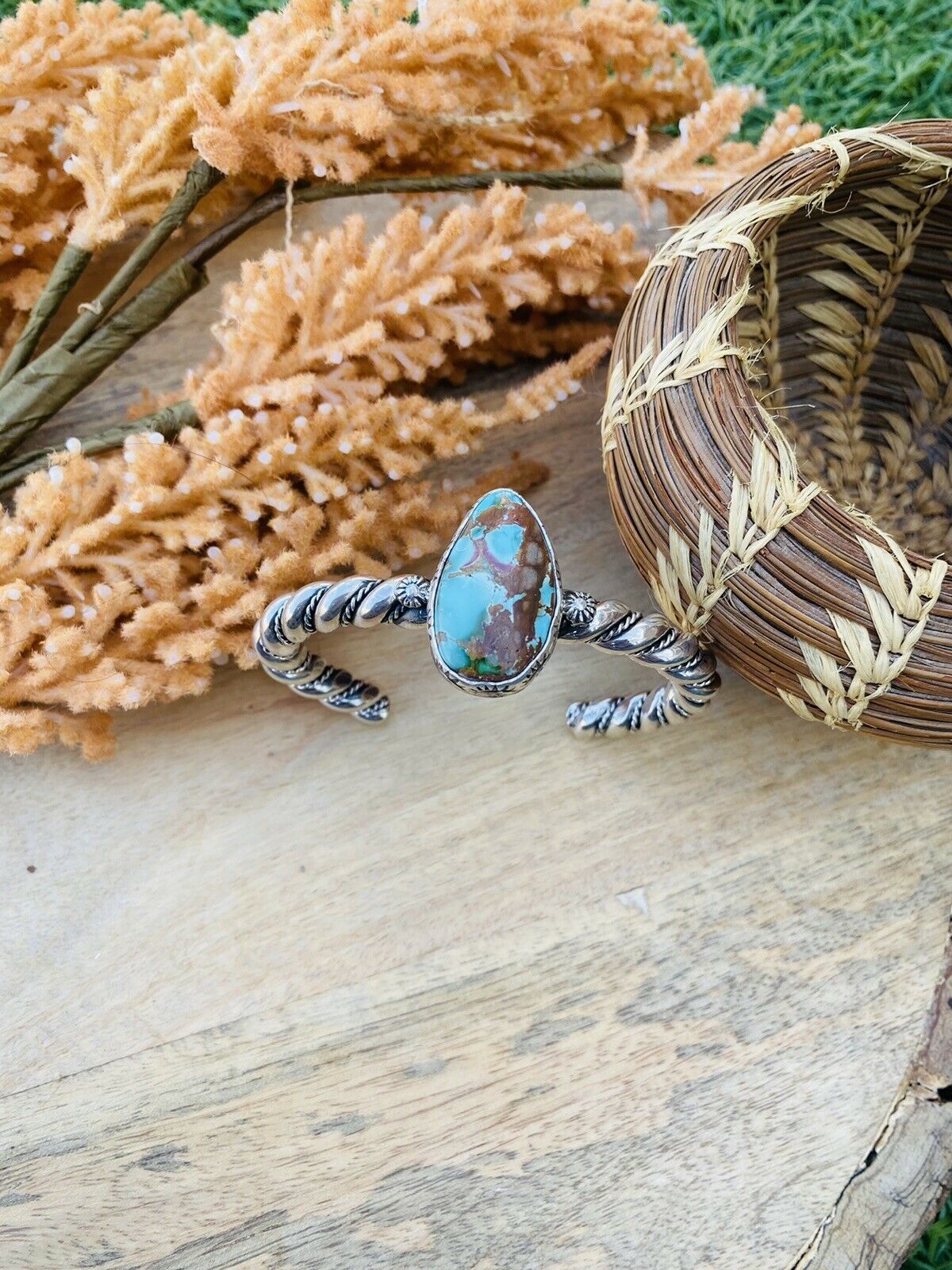 Navajo Hand Stamped Sterling Silver & Royston Turquoise Cuff Bracelet