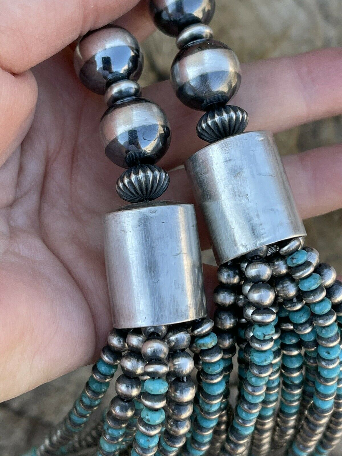 Navajo Sterling Silver & Turquoise Beaded 10 Strand Necklace