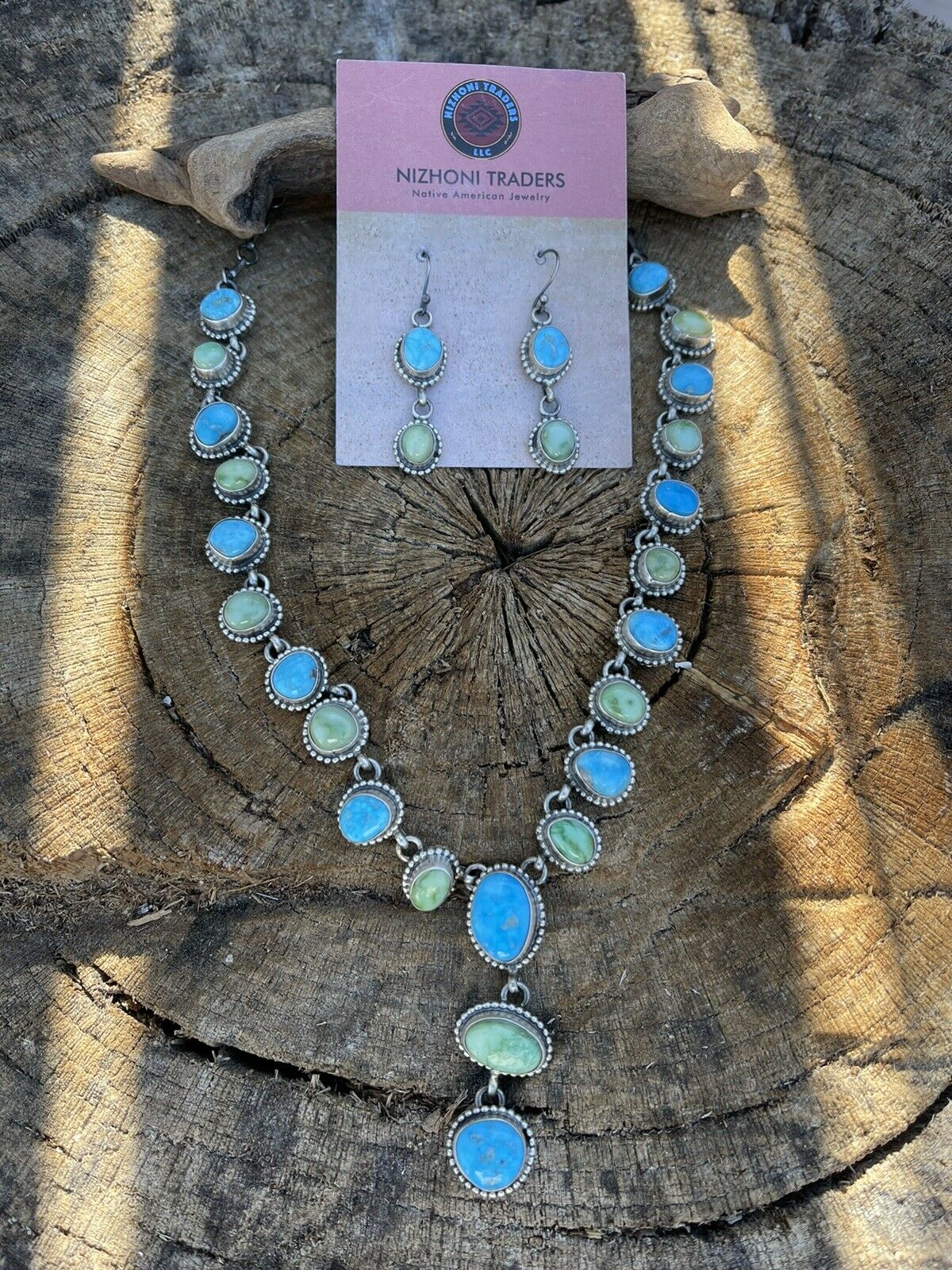 Navajo Sonoran Gold Turquoise & Golden Hills Turquoise Silver Lariat Earring Set