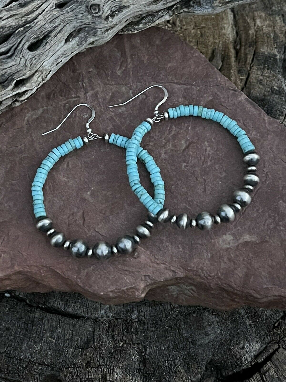 Navajo Sterling Silver Turquoise Stone French Hook Hoop Earrings