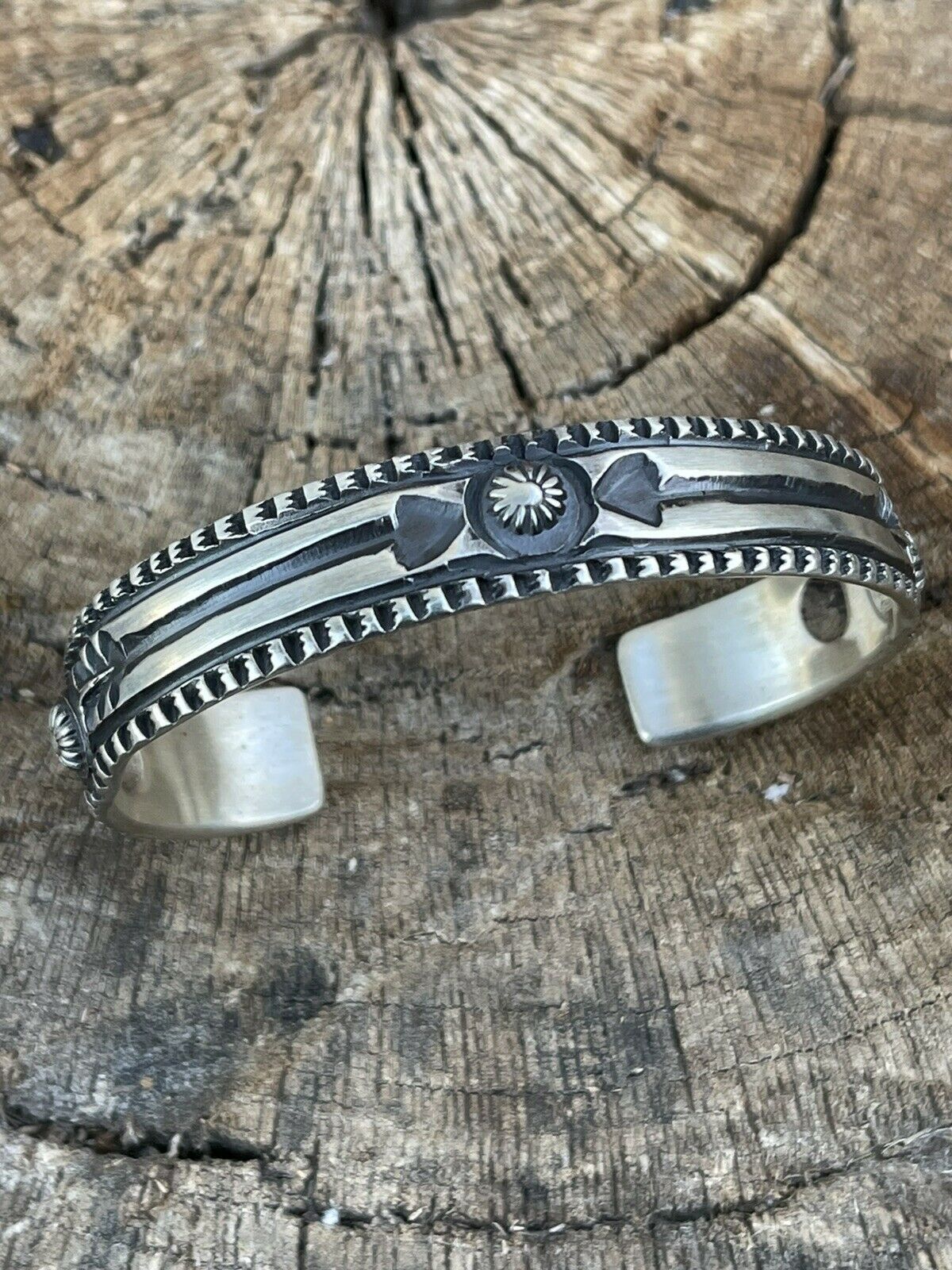 Navajo Sterling Silver Hand Stamped Bracelet Cuff By Artist Elvira Bill