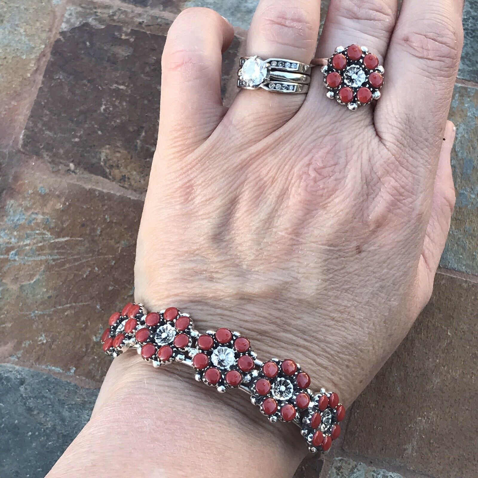 Navajo Coral & Sterling Silver Cuff Bracelet And Ring Set. Signed And Stamped