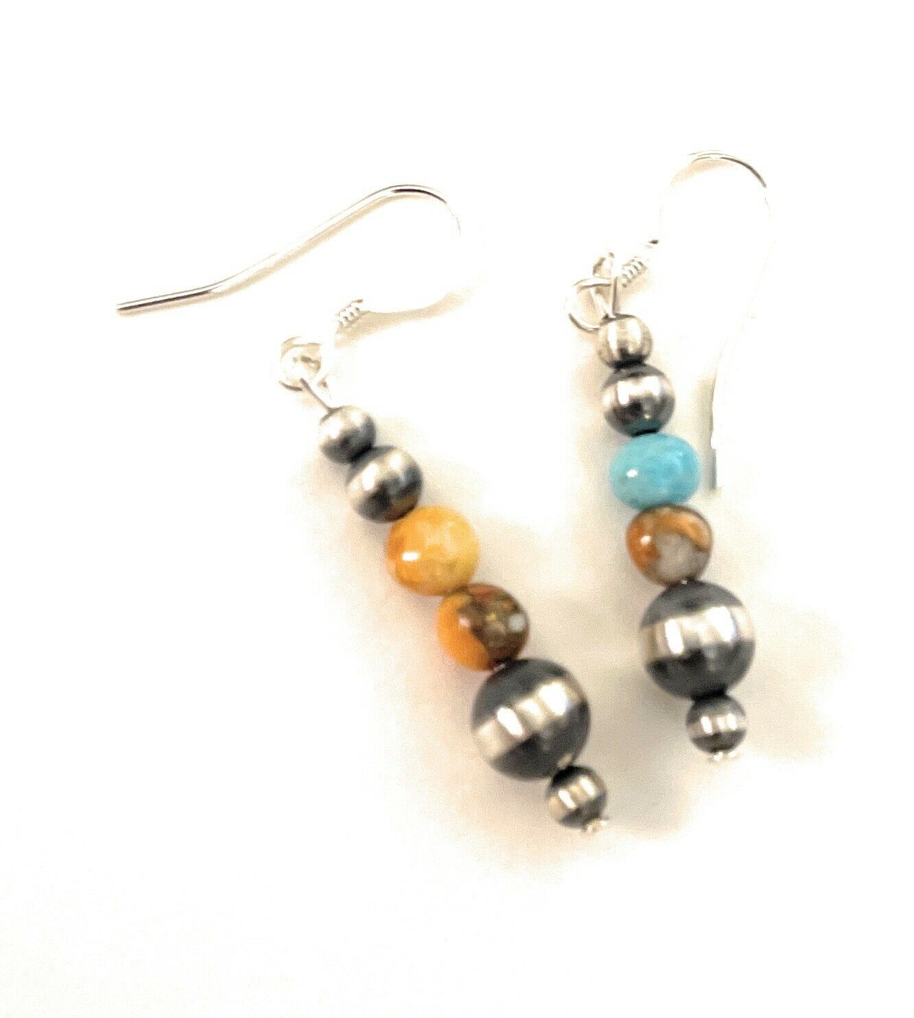 Navajo Sterling Silver Pearl, Turquoise & Spiny Spice Beaded Earrings