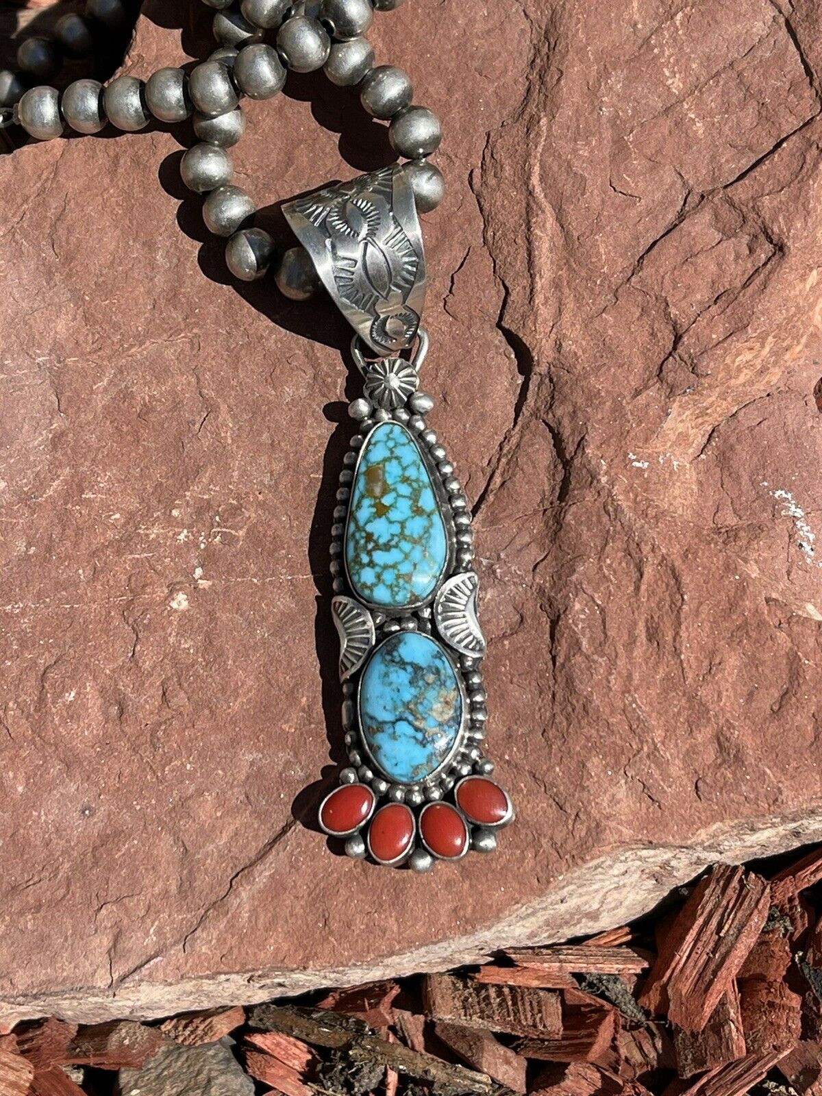 Navajo Sterling Kingman Web Turquoise & Red Coral Taos Pendant Danny Clark