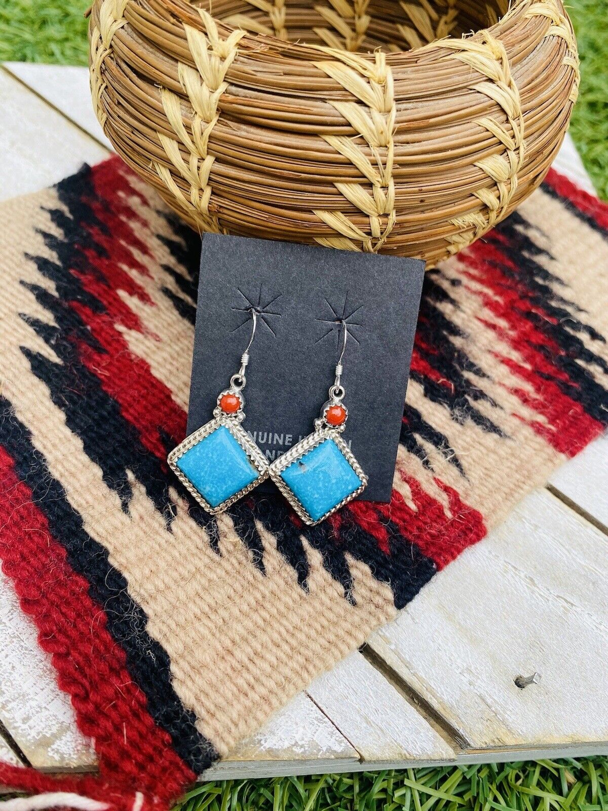 Navajo Turquoise, Coral & Sterling Silver Dangle Earrings