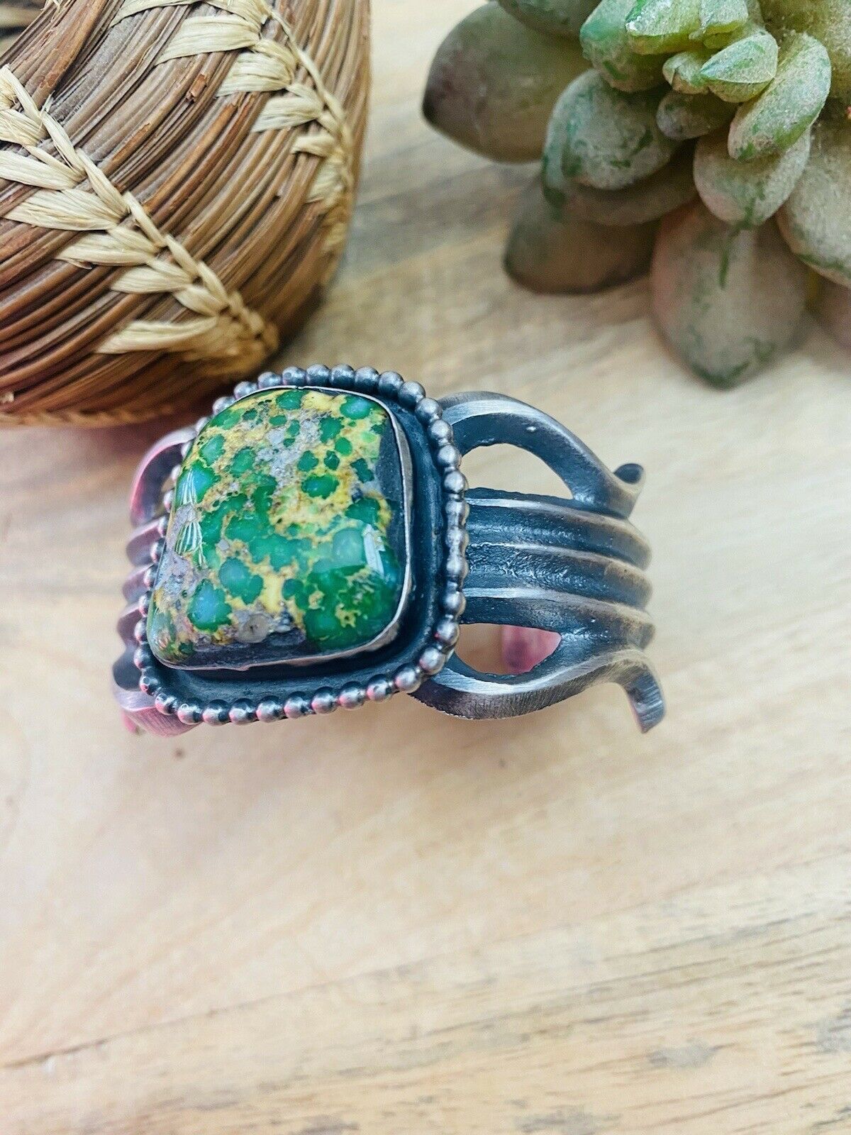 Navajo Sterling Silver & Sonoran Gold Turquoise Cuff Bracelet By Chimney Butte