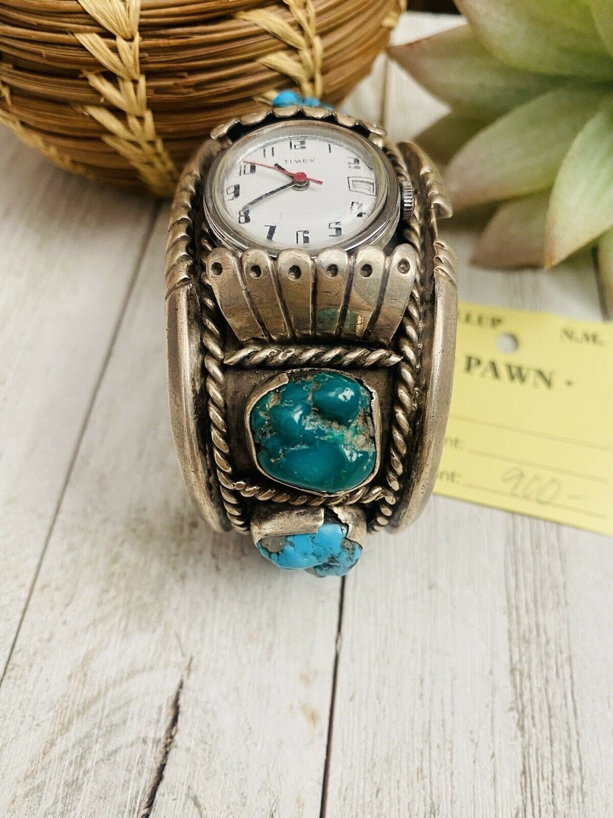 Old Pawn Vintage Navajo Kingman Turquoise & Sterling Silver Watch Cuff